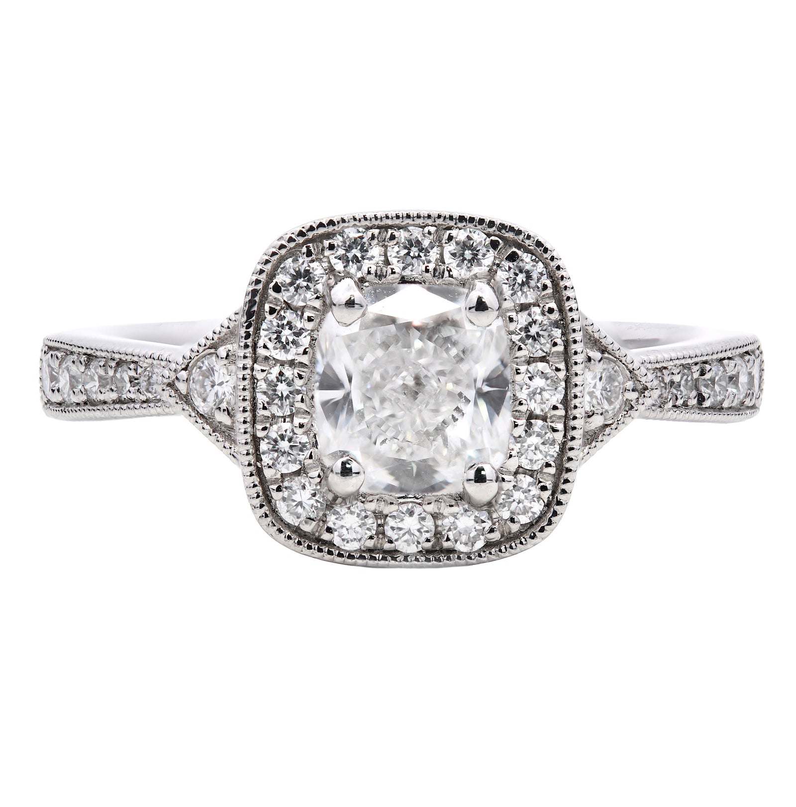 1.00ct natural diamond engagement ring, cushion cut, E colour, VS2 clarity, GIA certified. Platinum