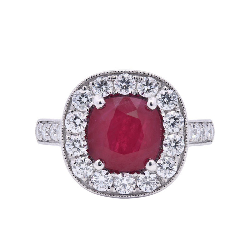 3.26ct ruby & diamond engagement ring, cushion cut set in platinum. WGI certified