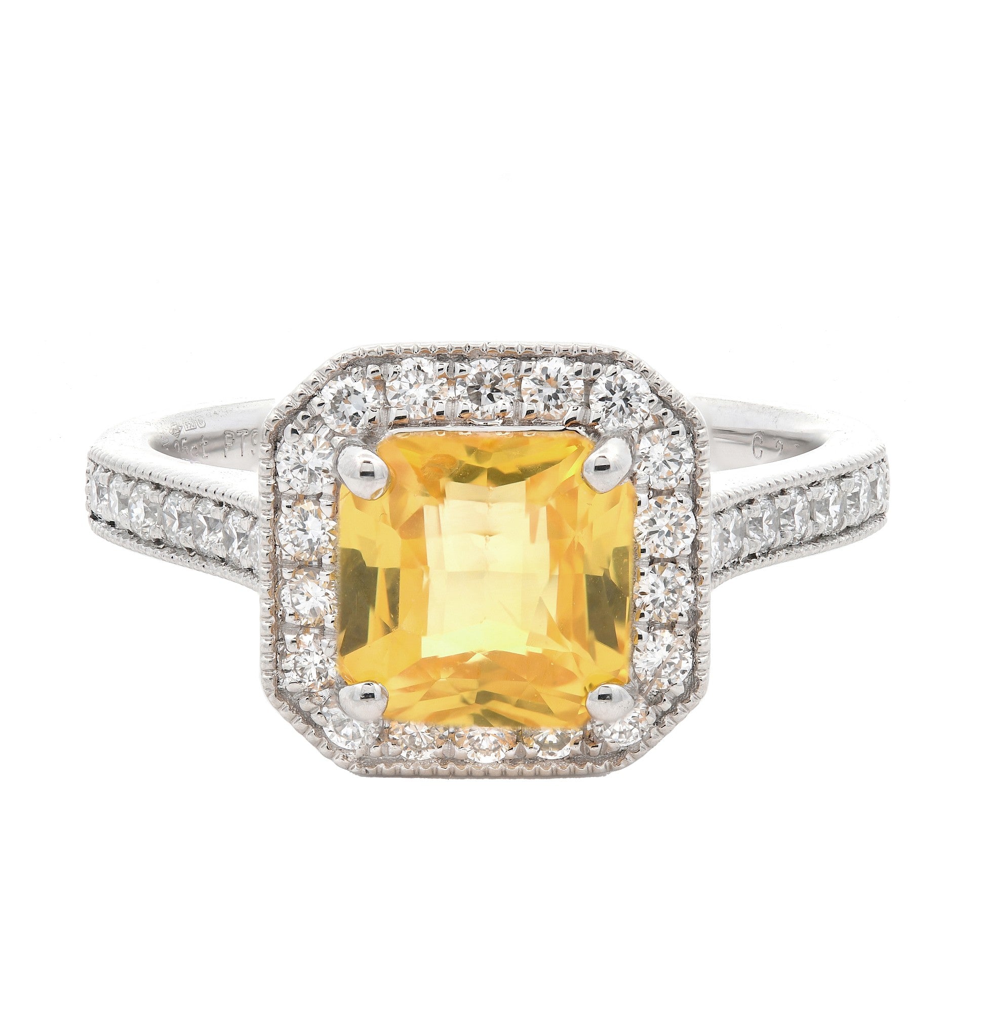 2.41ct yellow sapphire & diamond ring set in a platinum halo