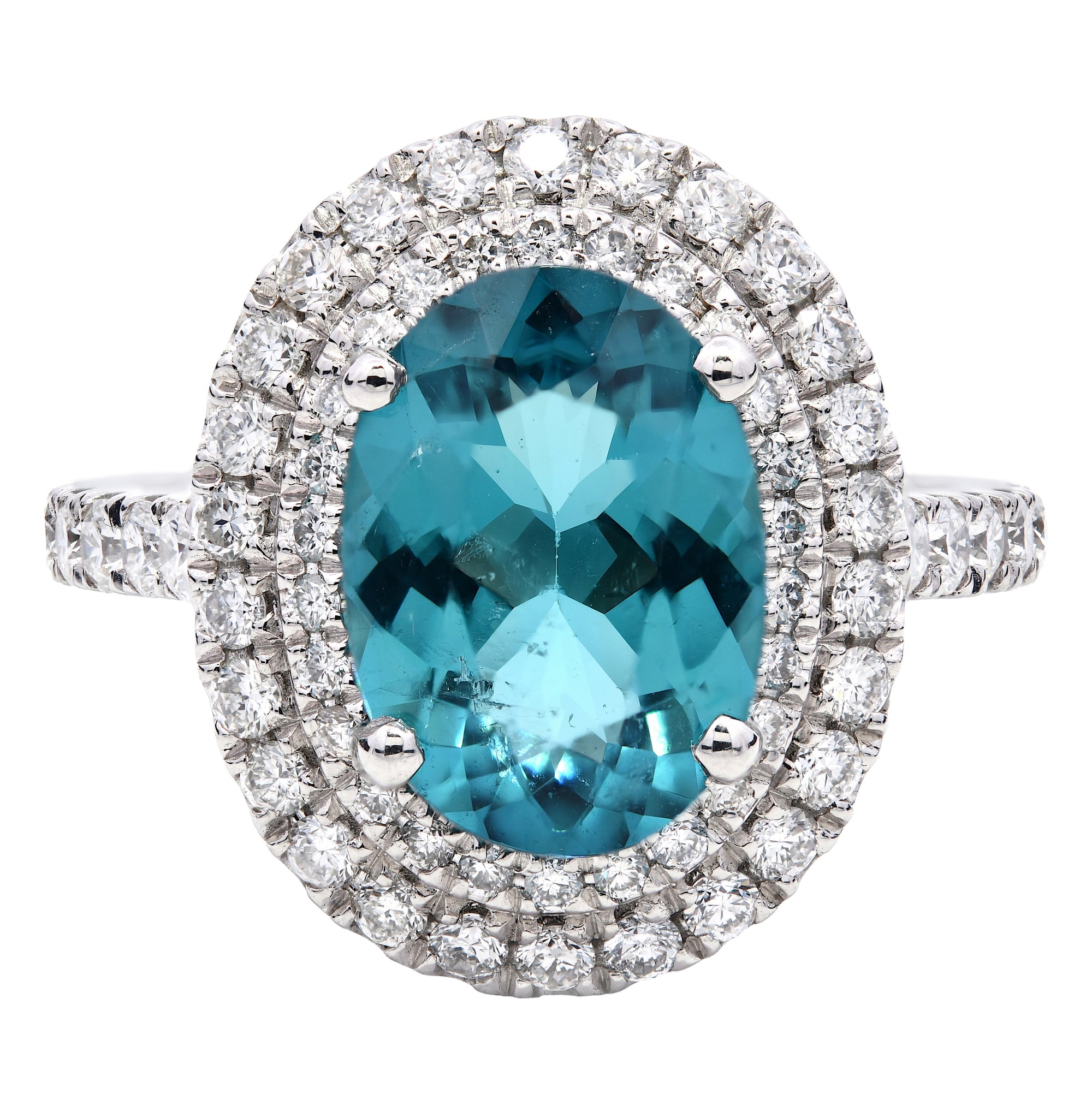 3.22ct Lagoon tourmaline & natural diamond ring set in a platinum double halo. WGI certified