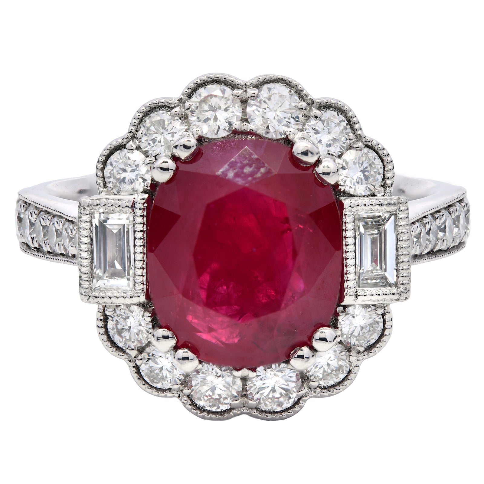 4.31ct ruby & natural diamond ring, oval cut, platinum. WGI certified