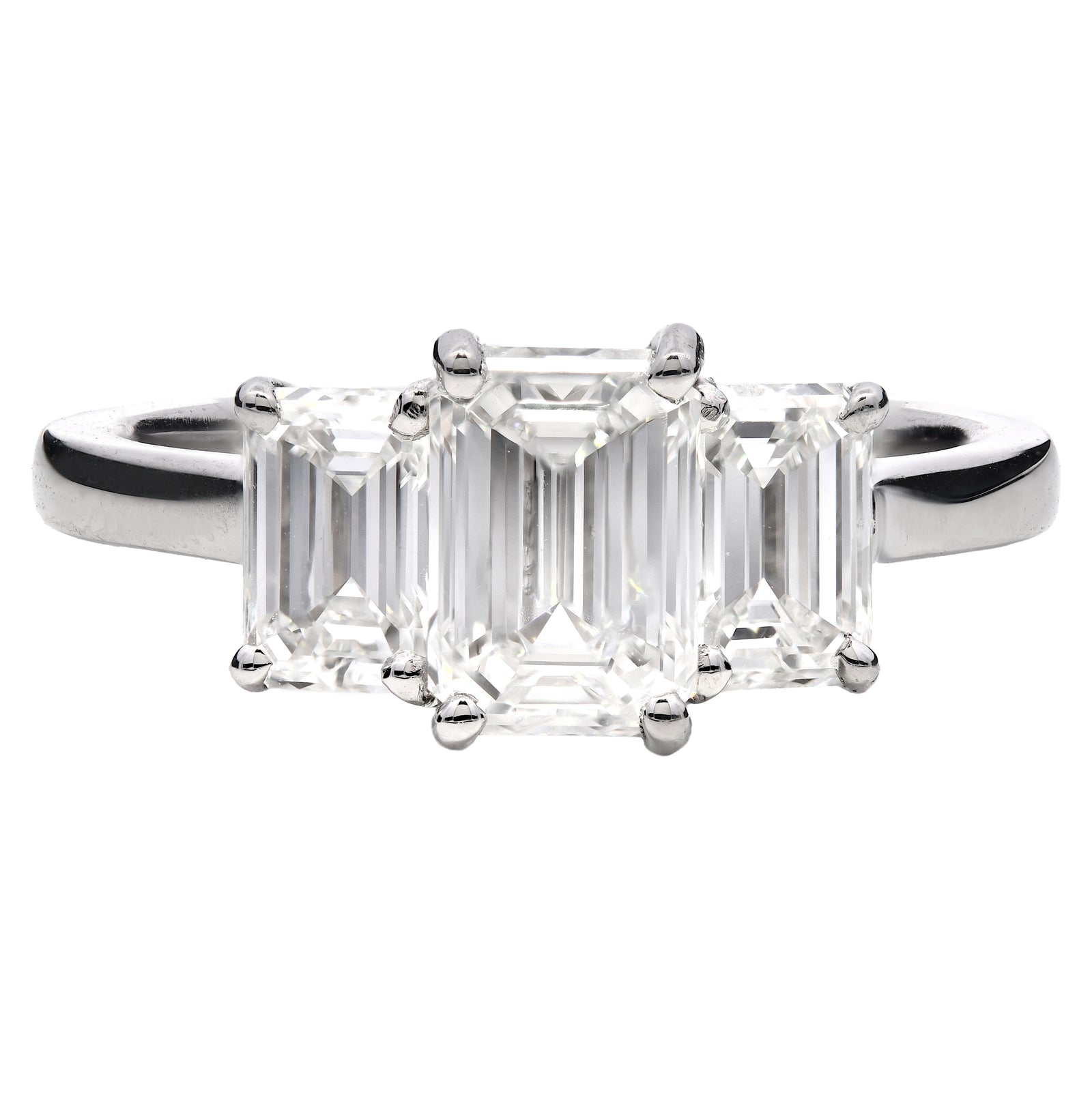 SOLD - 2.00ct natural diamond trilogy engagement ring, emerald cut, G colour, VS2 clarity, GIA certified. Platinum