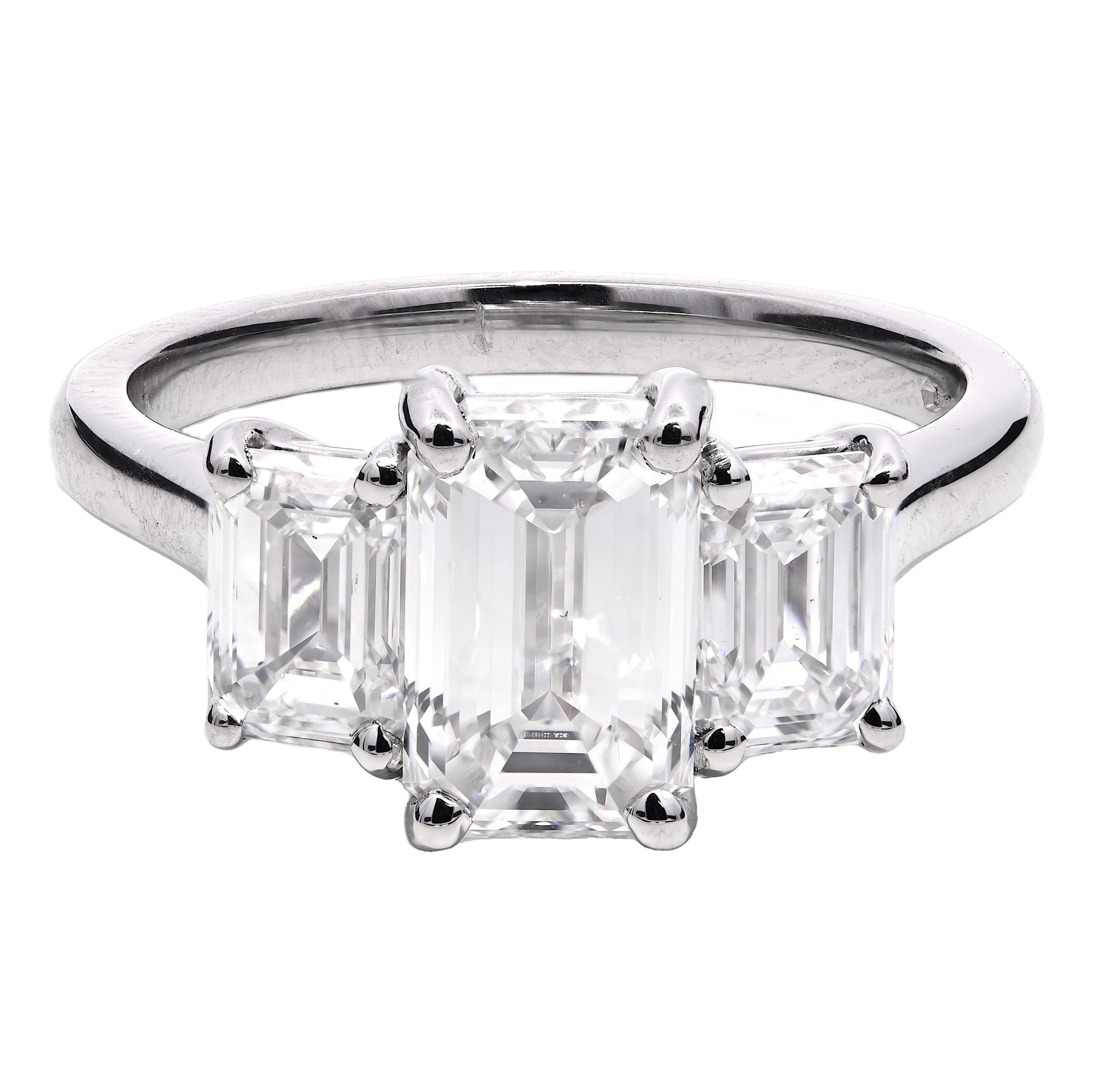 2.71ct natural diamond trilogy engagement ring, emerald cut, E colour, VS2 clarity, GIA certified. Platinum