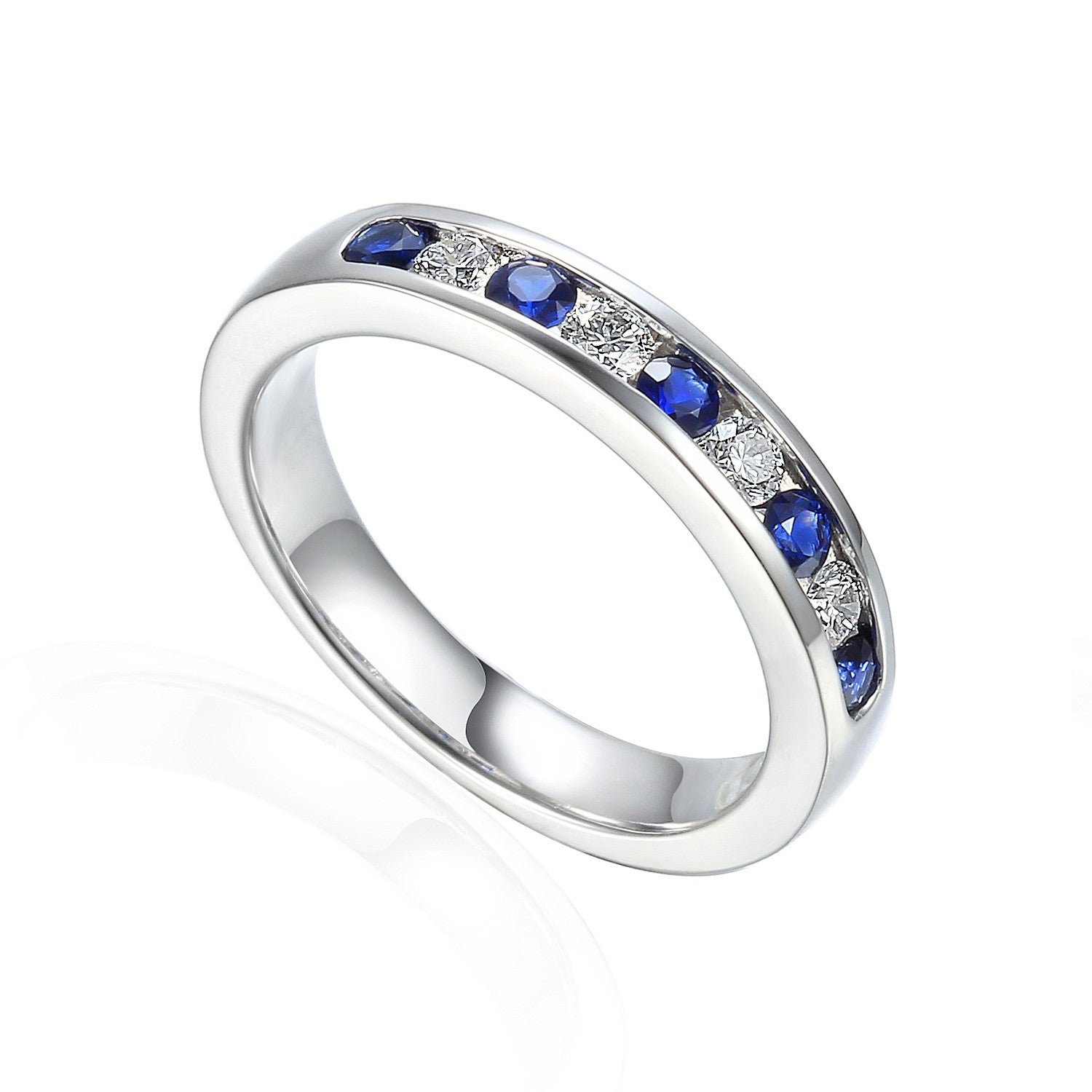 0.64ct blue sapphire & diamond eternity ring set in platinum