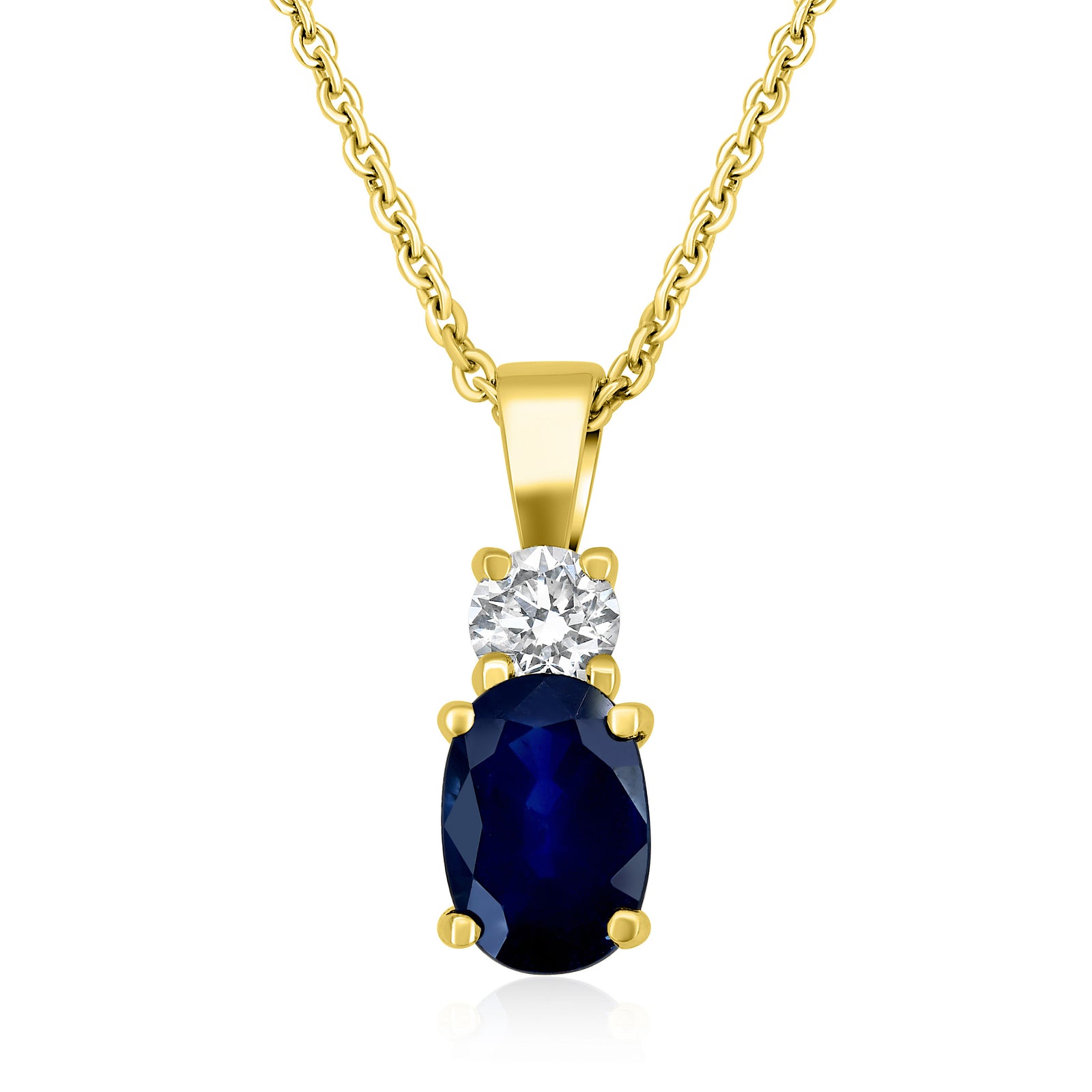0.64ct blue sapphire & natural diamond pendant, 18ct yellow gold with adjustable 16/18 inch chain. WGI certified