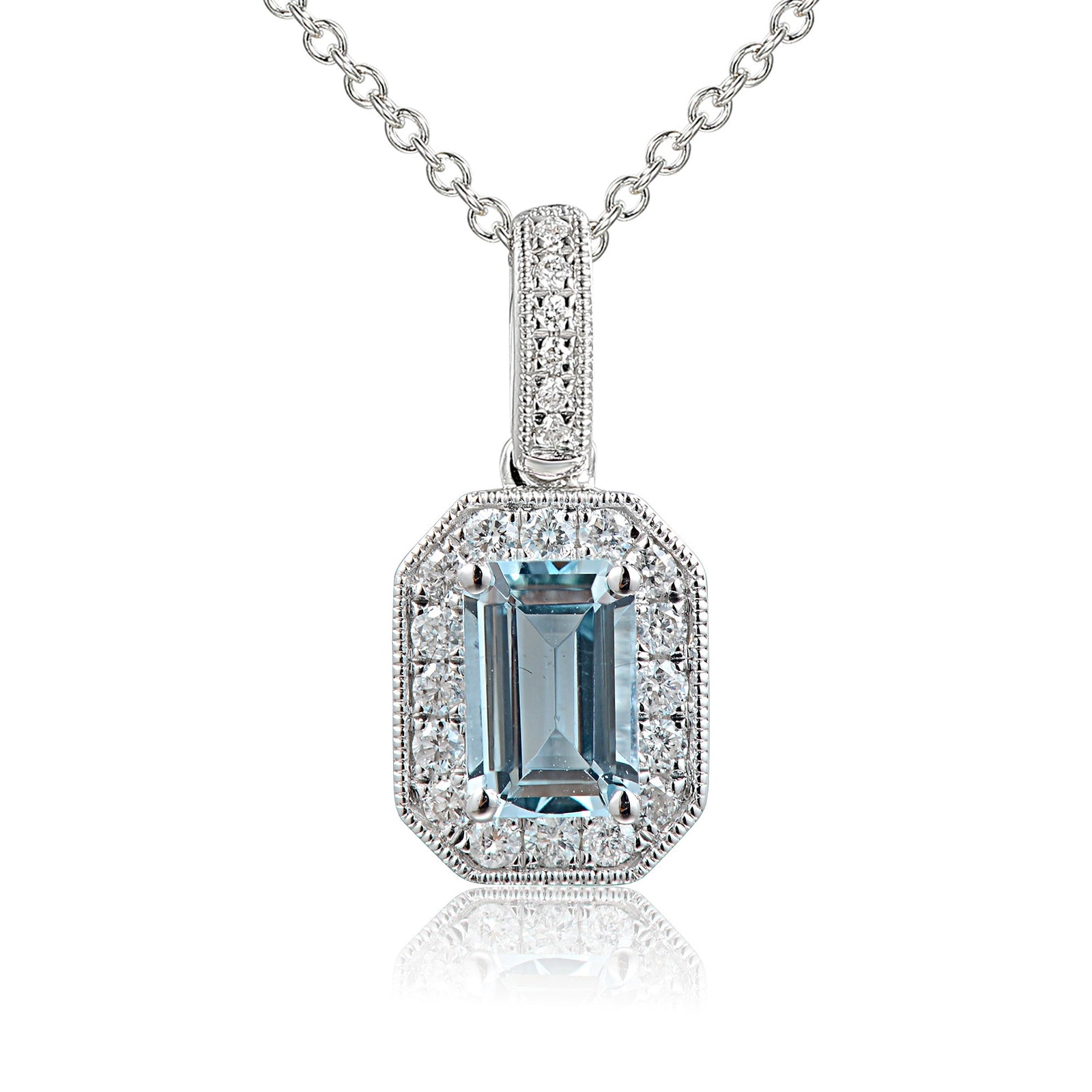 Aquamarine & diamond pendant set in 18ct white gold, H colour, SI clarity