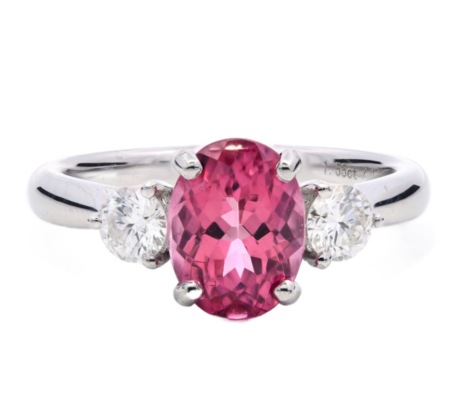 SOLD - 1.86ct pink tourmaline & diamond trilogy engagement ring set in platinum