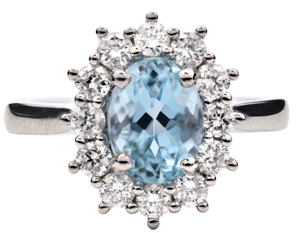 SOLD - 1.98ct aquamarine & diamond engagement ring set in a platinum halo