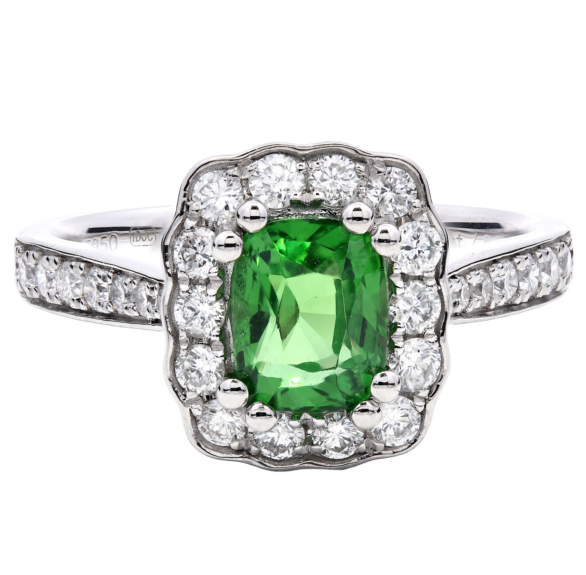 1.57ct cushion cut tsavorite & diamond engagement ring set in a platinum halo. WGI Certified