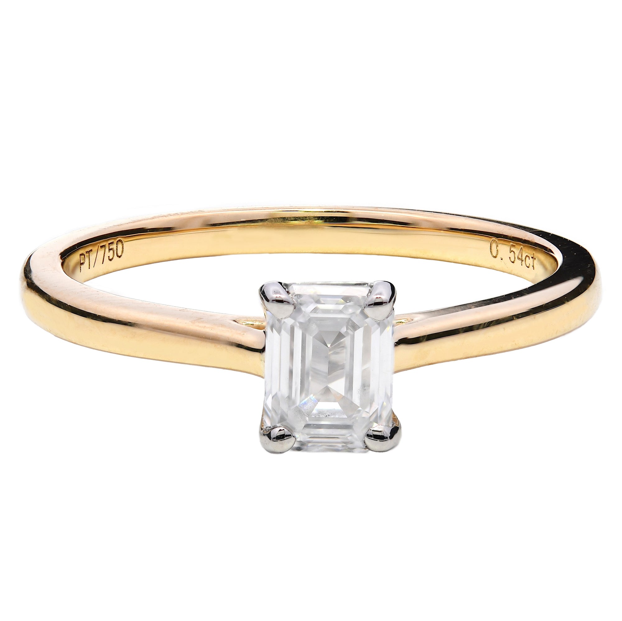 0.54ct natural emerald cut diamond engagement ring, E colour, VS2 clarity, GIA certified. 18ct yellow gold & platinum claws.