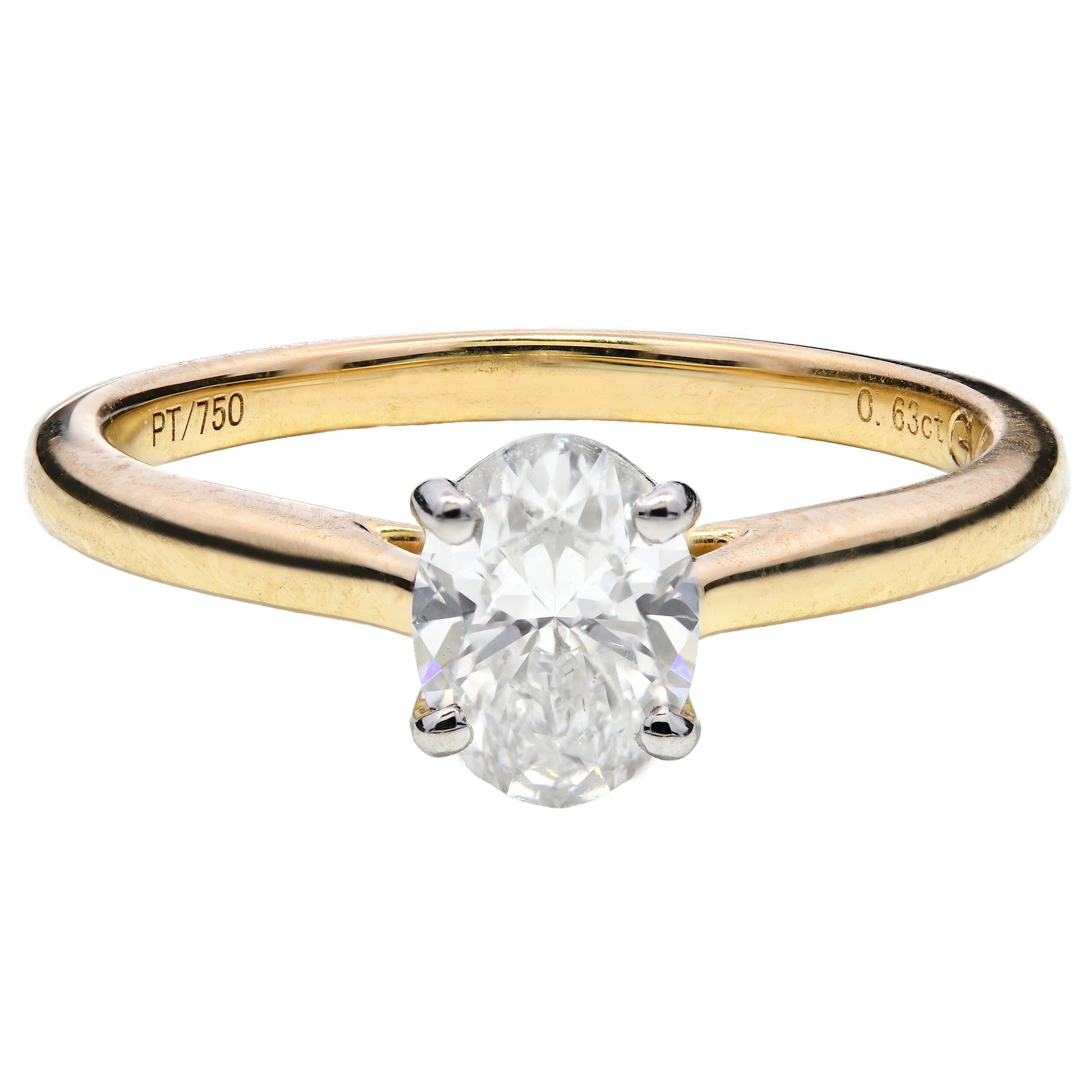 SOLD - Natural diamond engagement ring, 0.63ct oval cut, G colour, VS2 clarity, GIA certified. 18ct yellow gold & platinum claws.