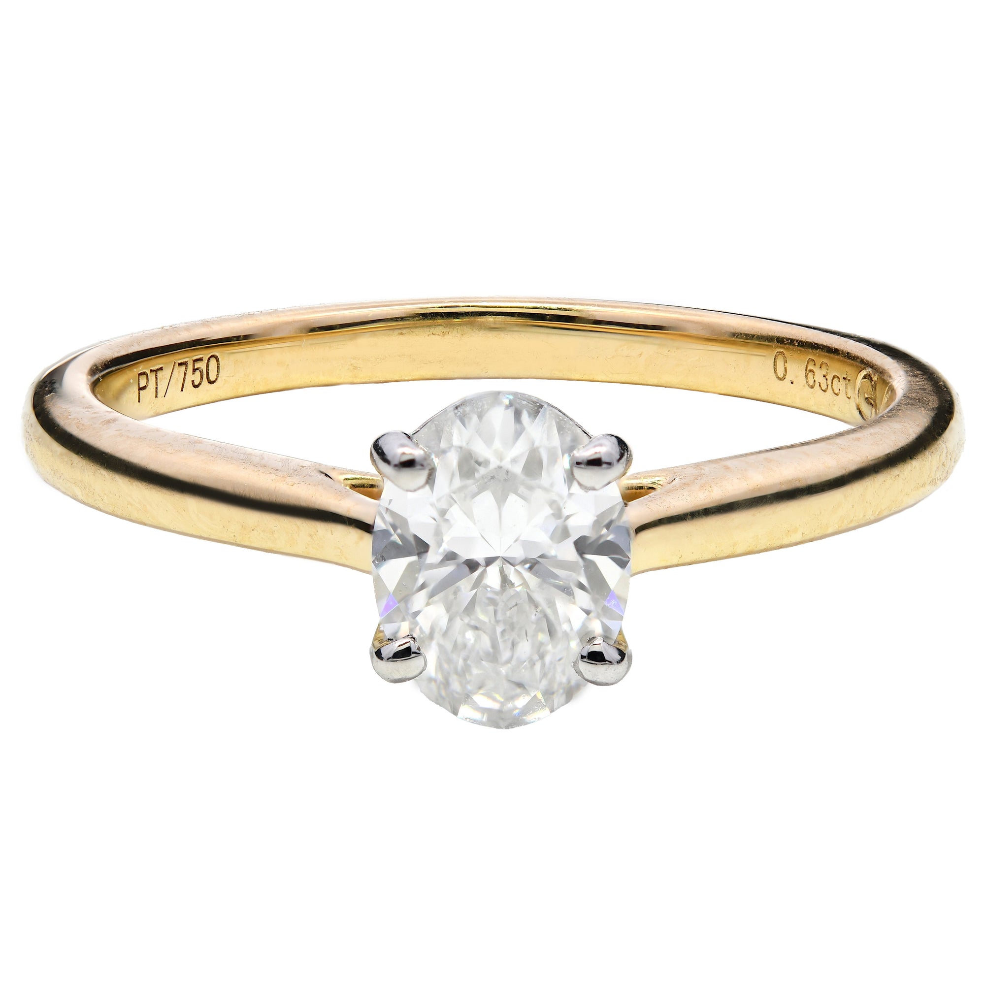 Natural diamond engagement ring, 0.63ct oval cut, G colour, VS2 clarity, GIA certified. 18ct yellow gold & platinum claws.