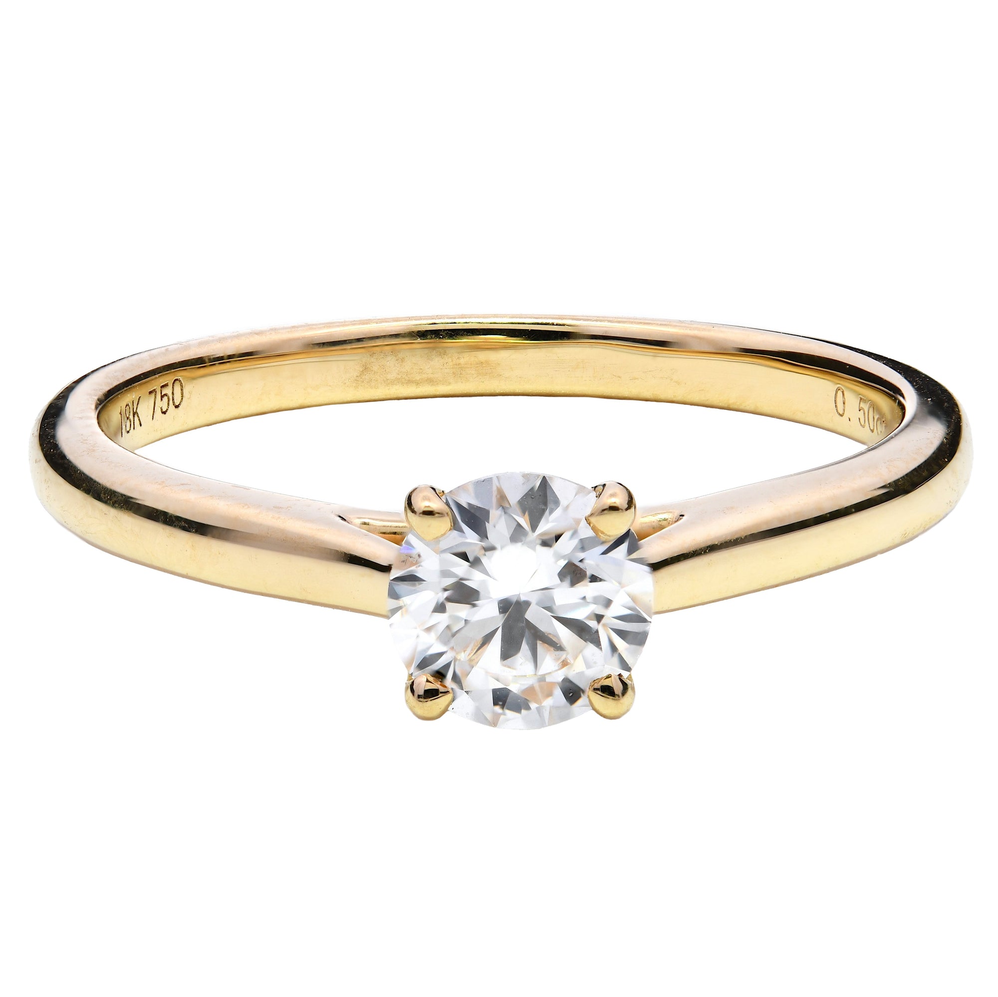 Natural diamond engagement ring, 0.50ct round brilliant cut, H colour, SI1 clarity, GIA certified. 18ct yellow gold.