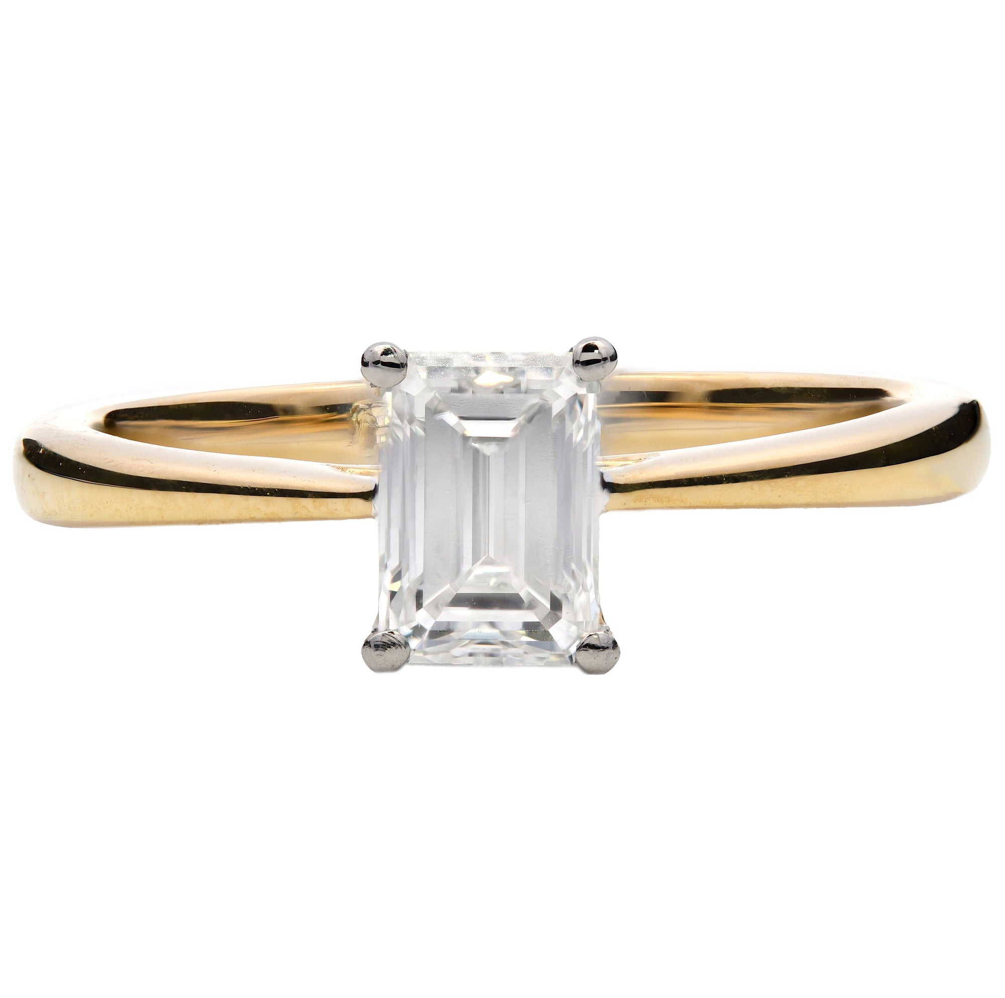 0.70ct natural diamond engagement ring, emerald cut, F colour, VS1 clarity, GIA certified. 18ct yellow gold & platinum claws