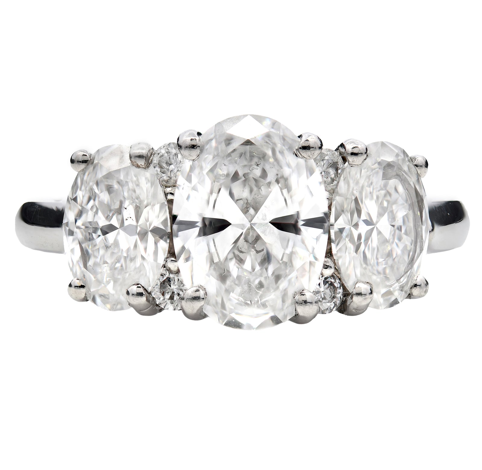 2.02ct natural diamond trilogy engagement ring, oval cut, D-E colour, VS1-2 clarity, GIA certified. Platinum