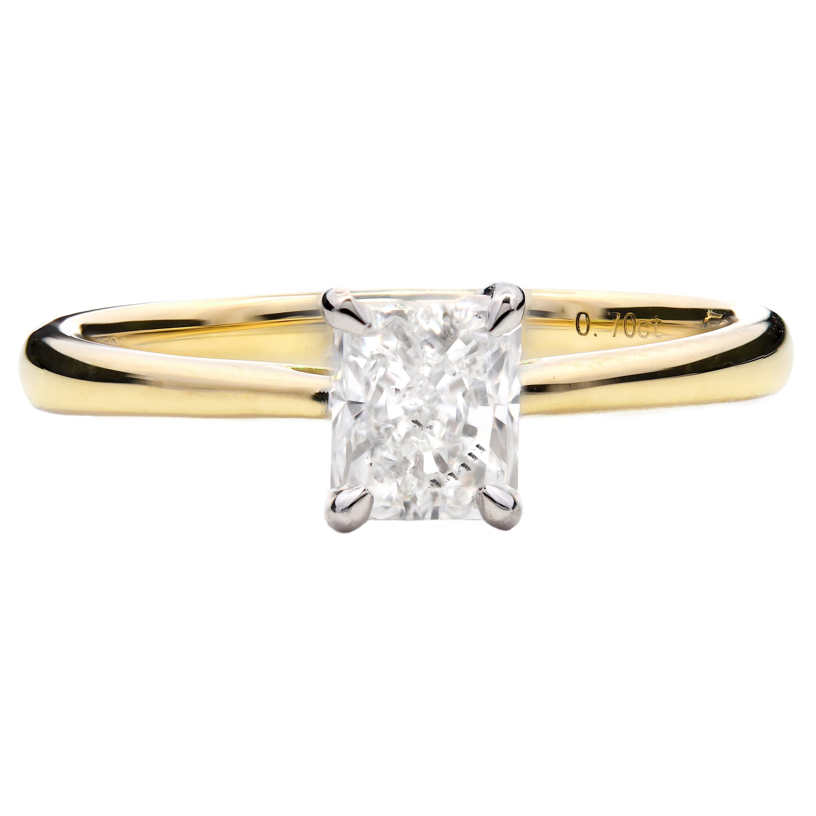 SOLD - 0.70ct natural diamond engagement ring, radiant cut, F colour, SI2 clarity, GIA certified. 18ct Yellow Gold & Platinum