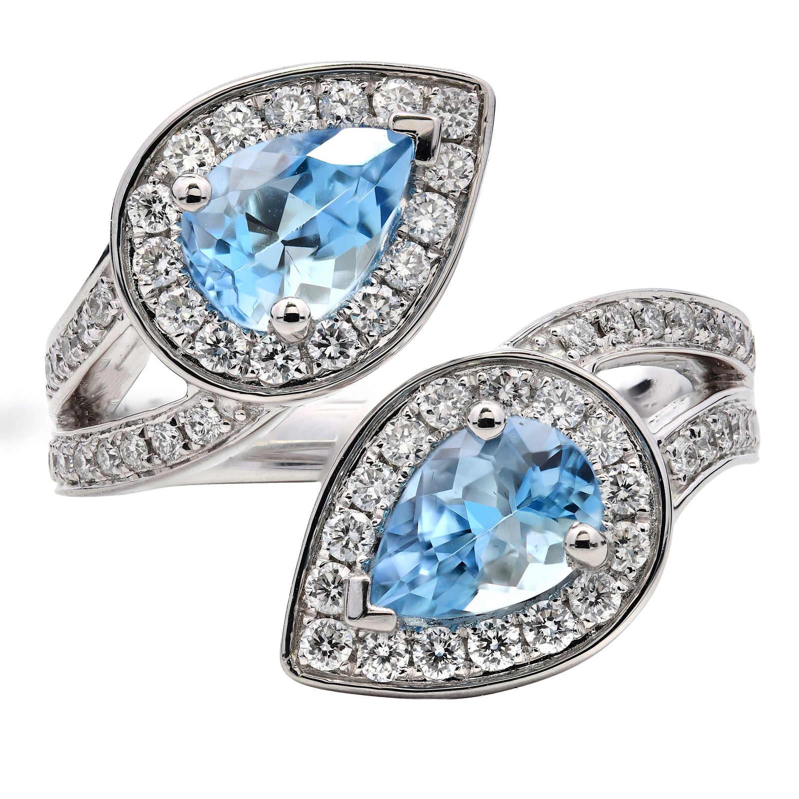1.91ct aquamarine & diamond cross over ring, pear cut, set in platinum. WGI certified