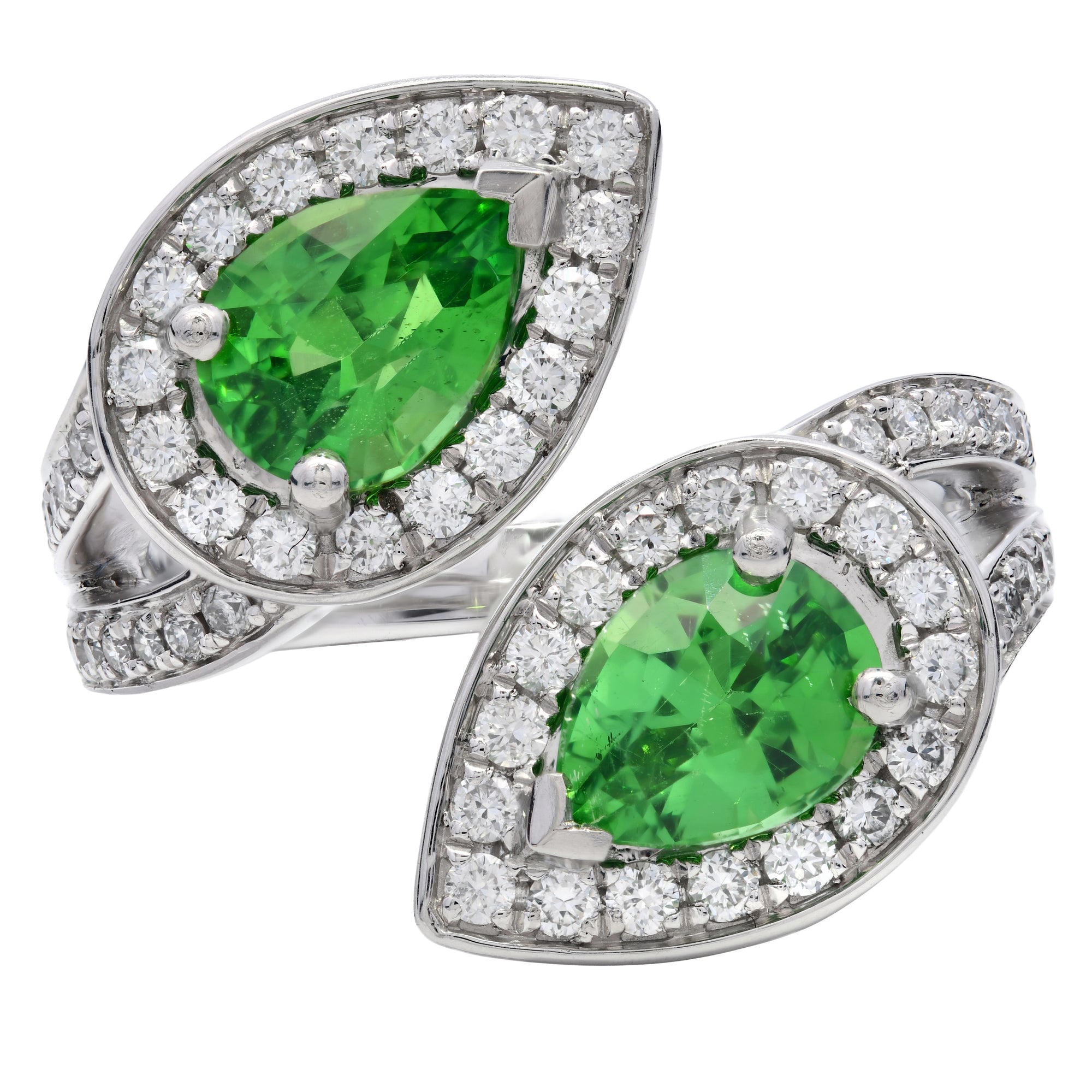 2.60ct tsavorite & diamond cross over ring set in platinum. WGI certified