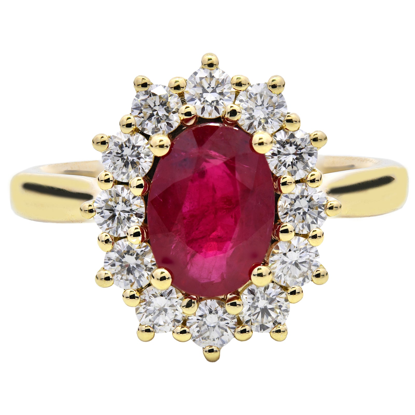 1.79ct ruby & natural diamond ring, oval cut, 18ct yellow gold. WGI certified