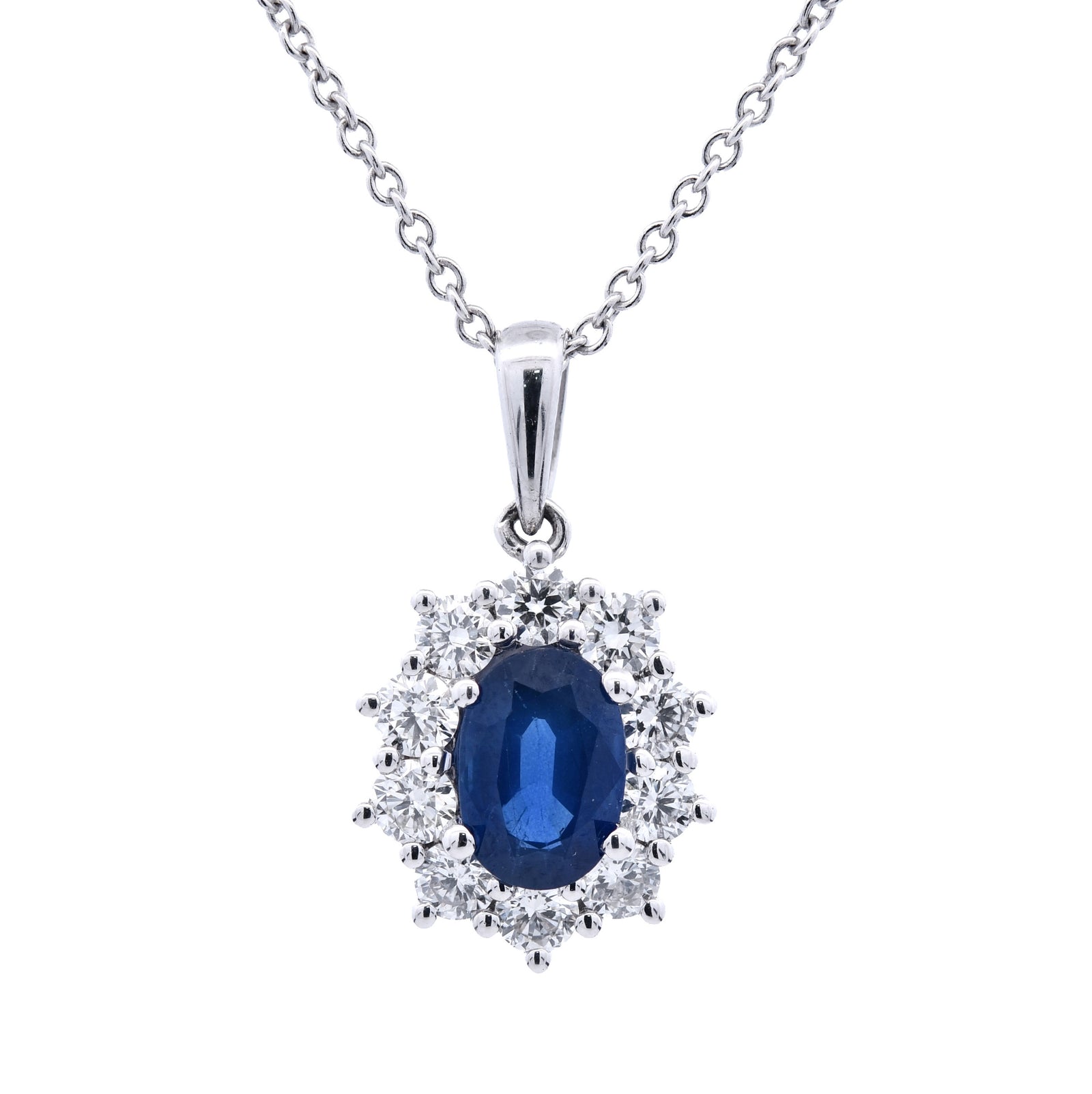 1.54ct blue sapphire & natural diamond pendant set in 18ct white gold, WGI certified