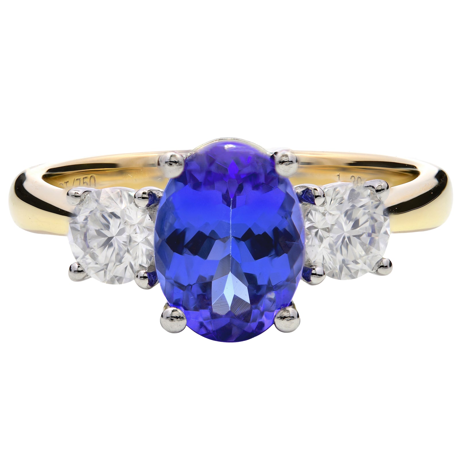 SOLD - 1.77ct tanzanite & natural diamond trilogy ring, 18ct yellow gold & platinum. WGI certified