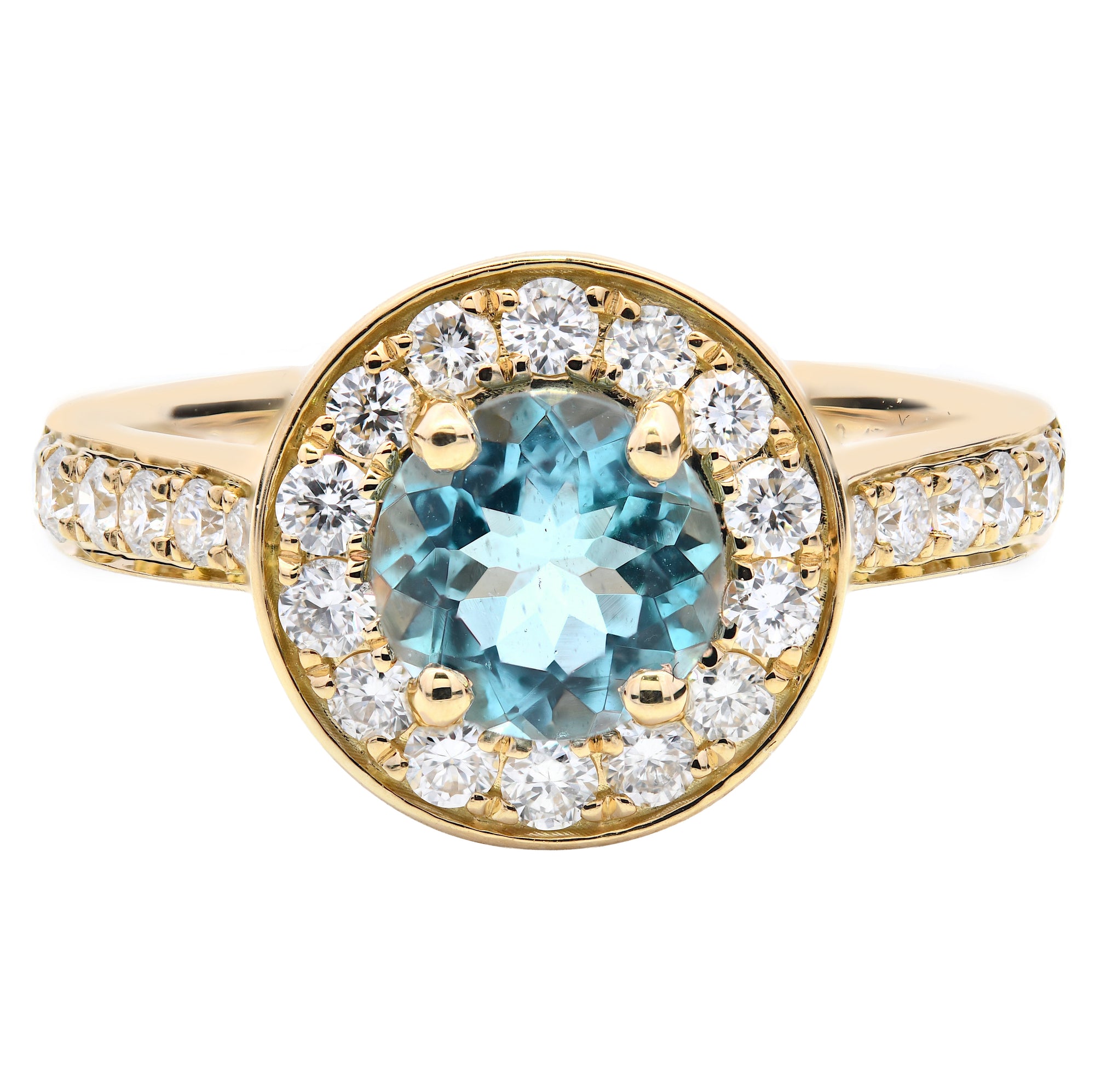 1.11ct aquamarine & natural diamond ring set in an 18ct yellow gold halo. WGI certified