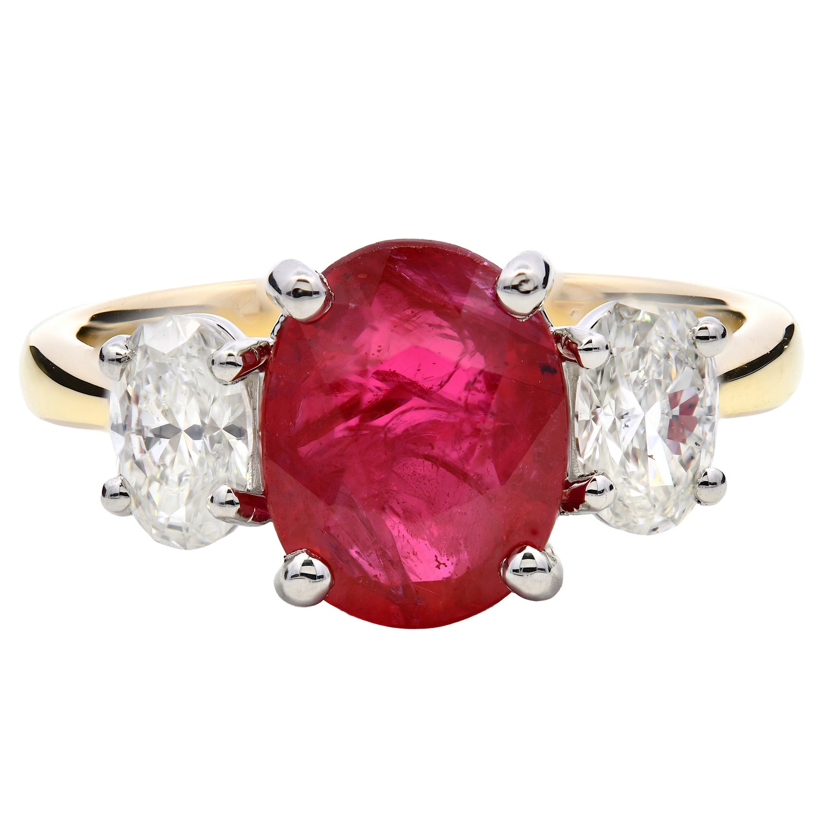 2.63ct ruby & natural diamond trilogy ring, oval cut, 18ct yellow gold & platinum. WGI certified