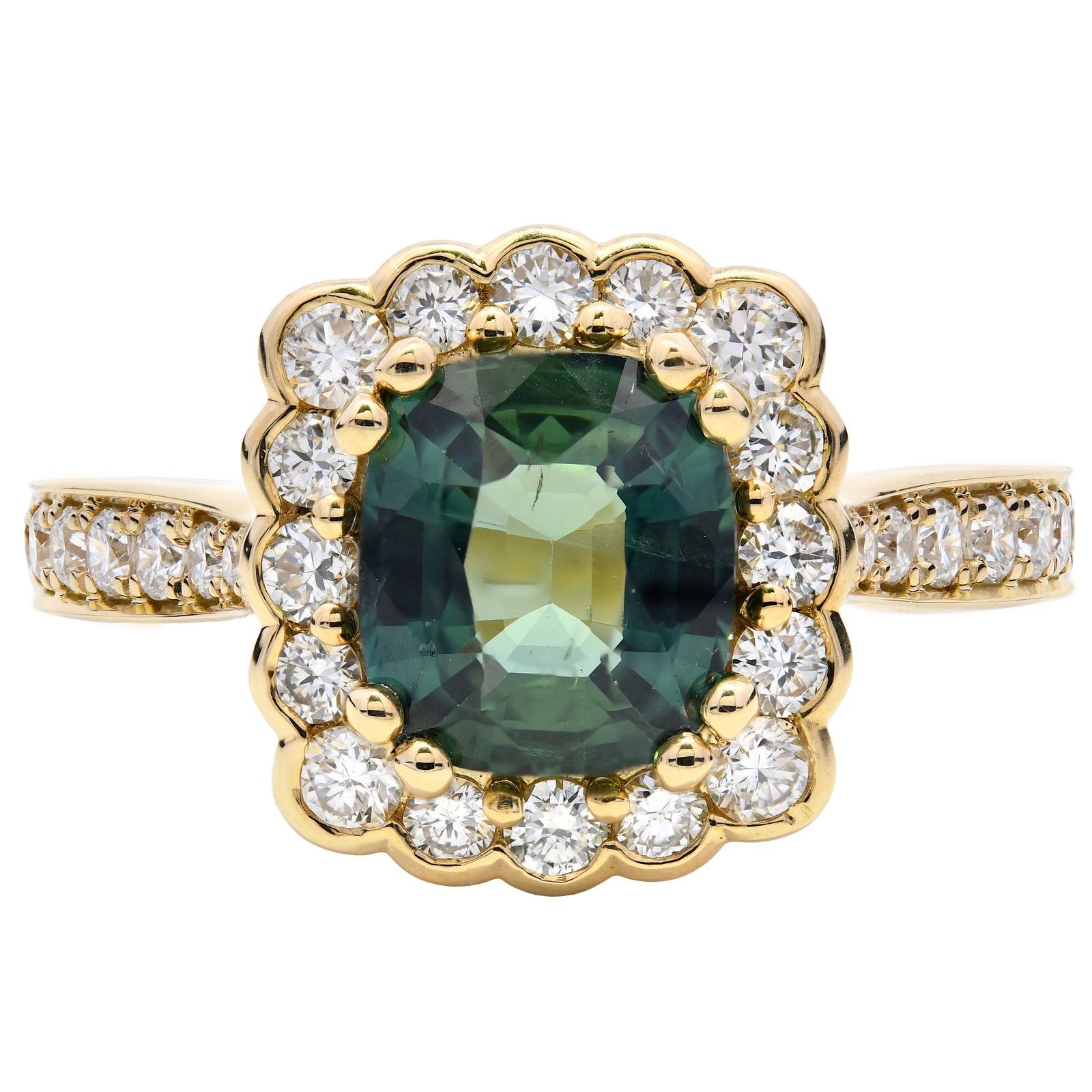 SOLD - 2.05ct teal sapphire & diamond engagement ring set in an 18ct yellow gold halo. WGI certified