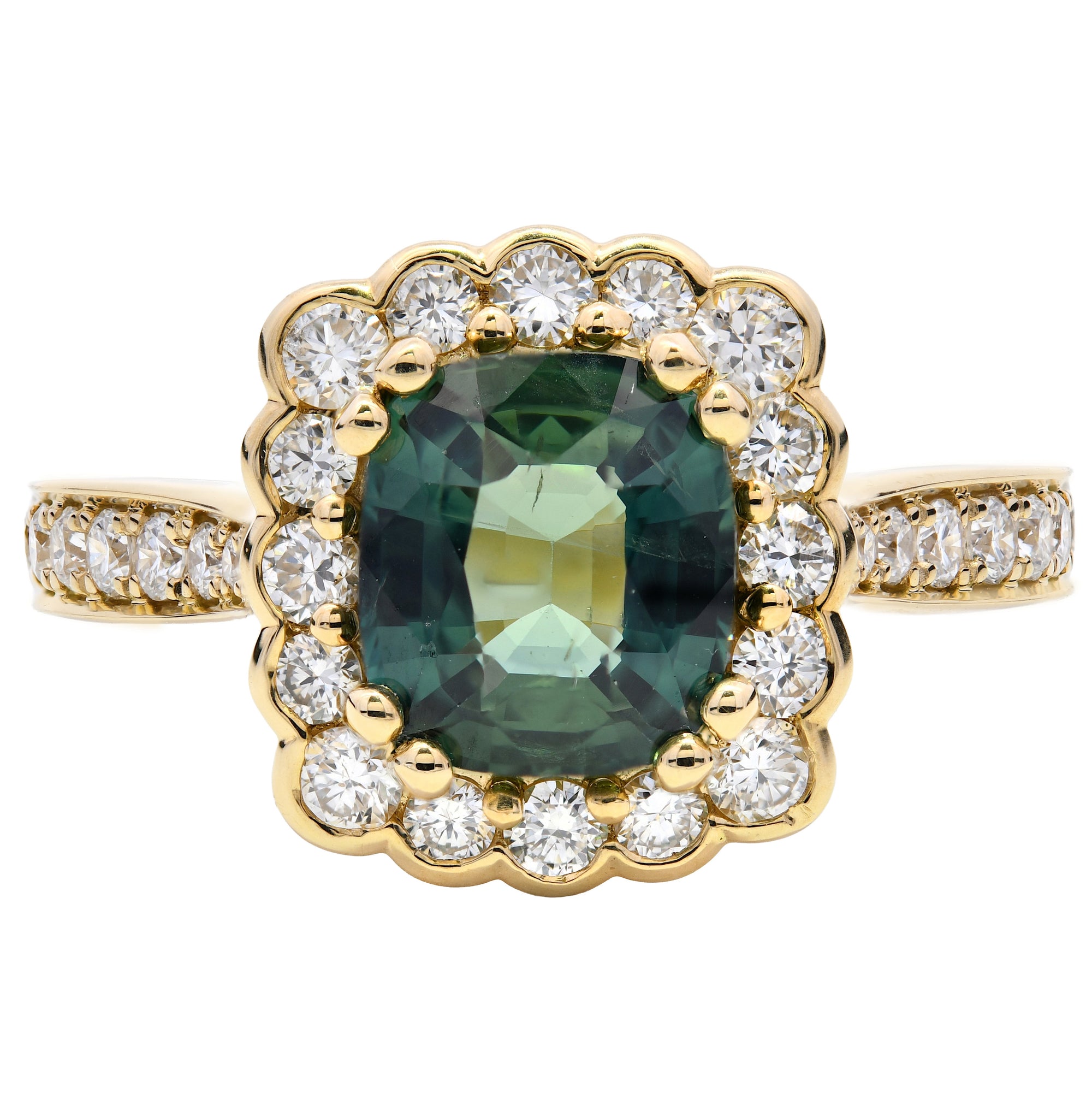 2.05ct teal sapphire & diamond engagement ring set in an 18ct yellow gold halo. WGI certified