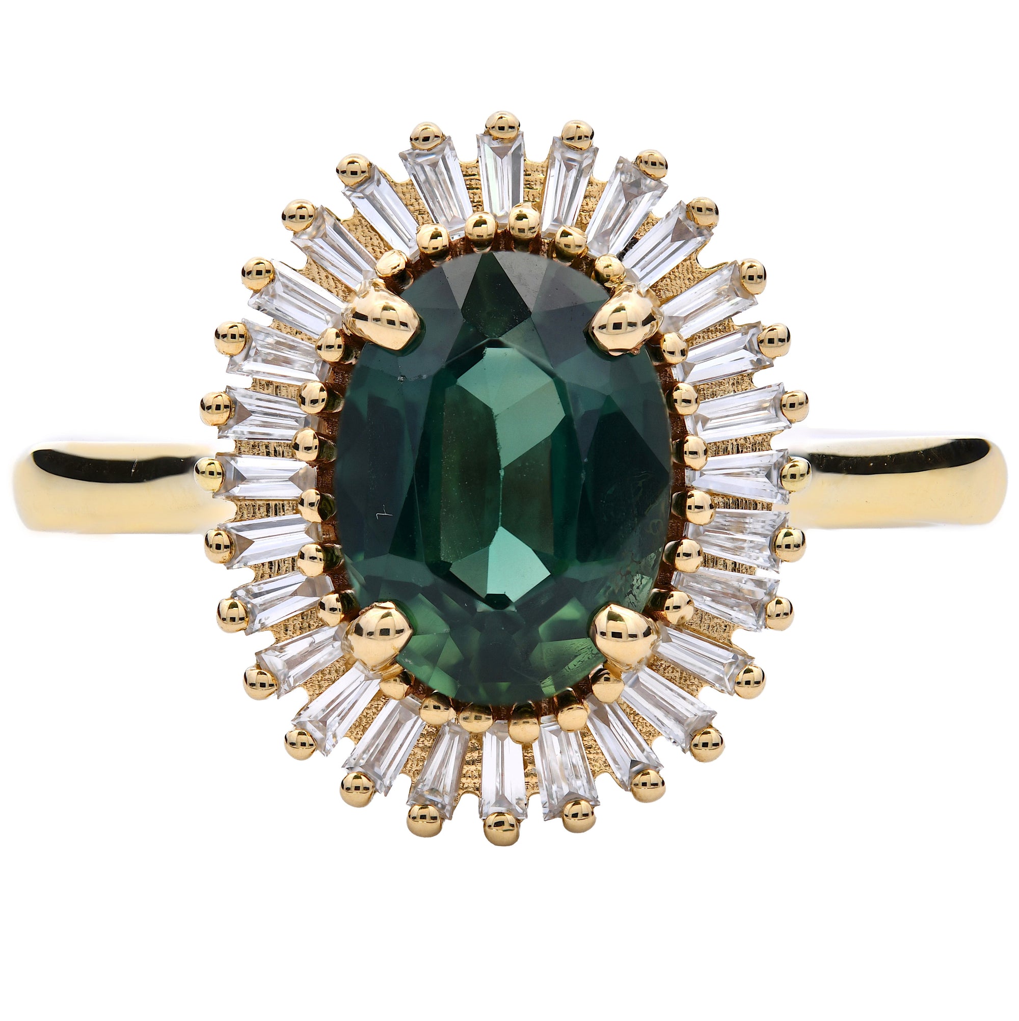 1.78ct teal sapphire & diamond engagement ring set in an 18ct yellow gold halo. WGI certified