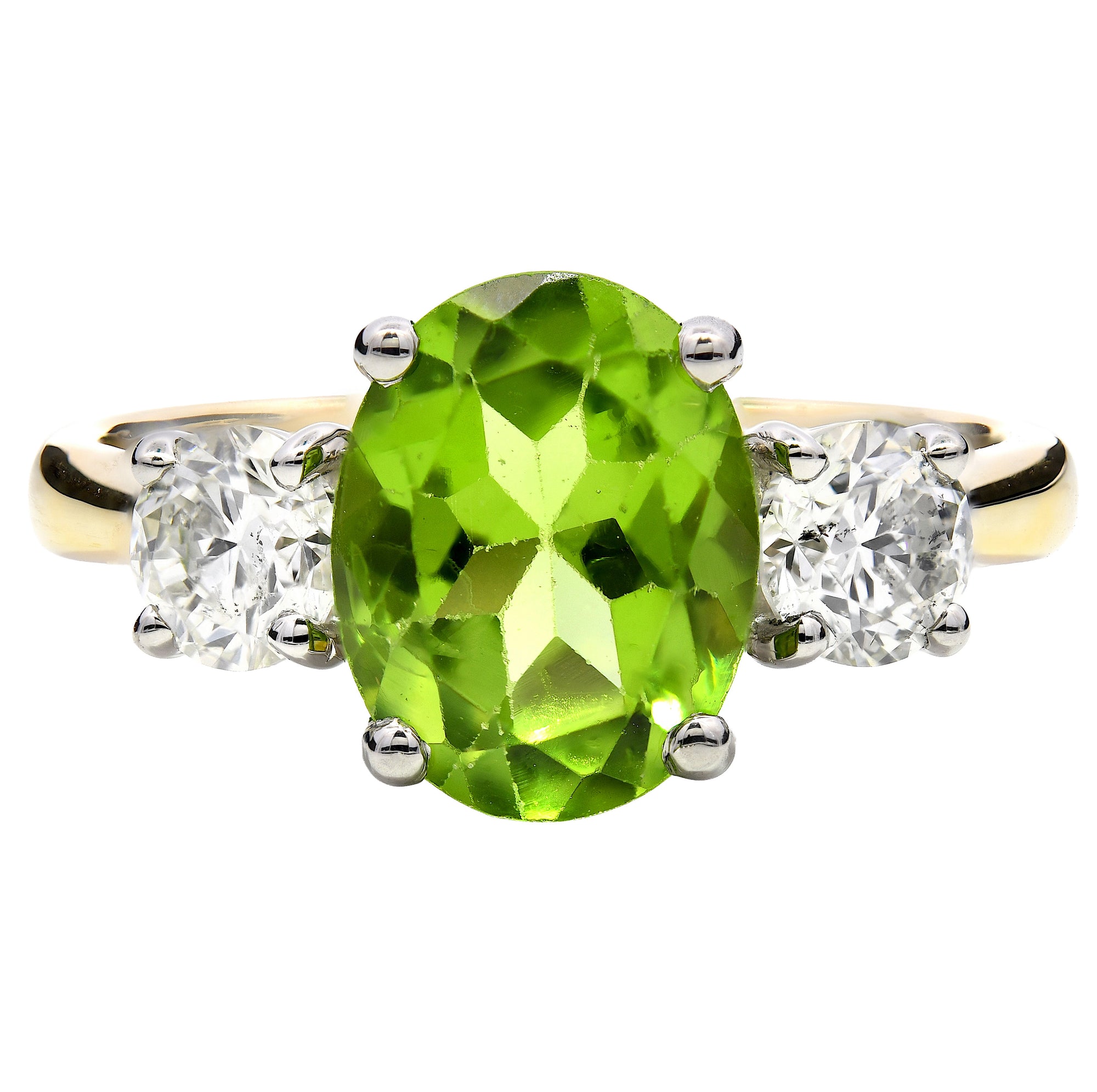 2.50ct peridot & natural diamond trilogy ring set in 18ct yellow gold & platinum. WGI certified