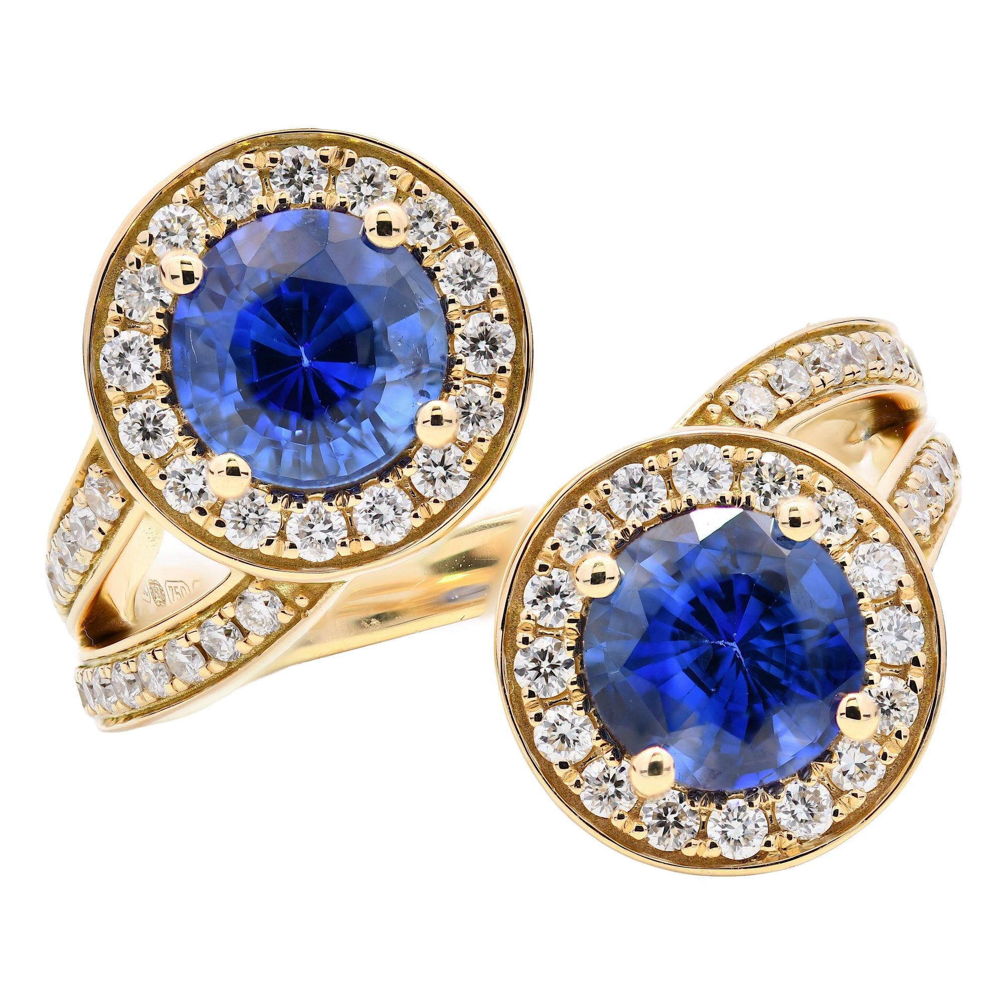 2.78ct blue sapphire & diamond cross over ring set in 18ct yellow gold. WGI certified