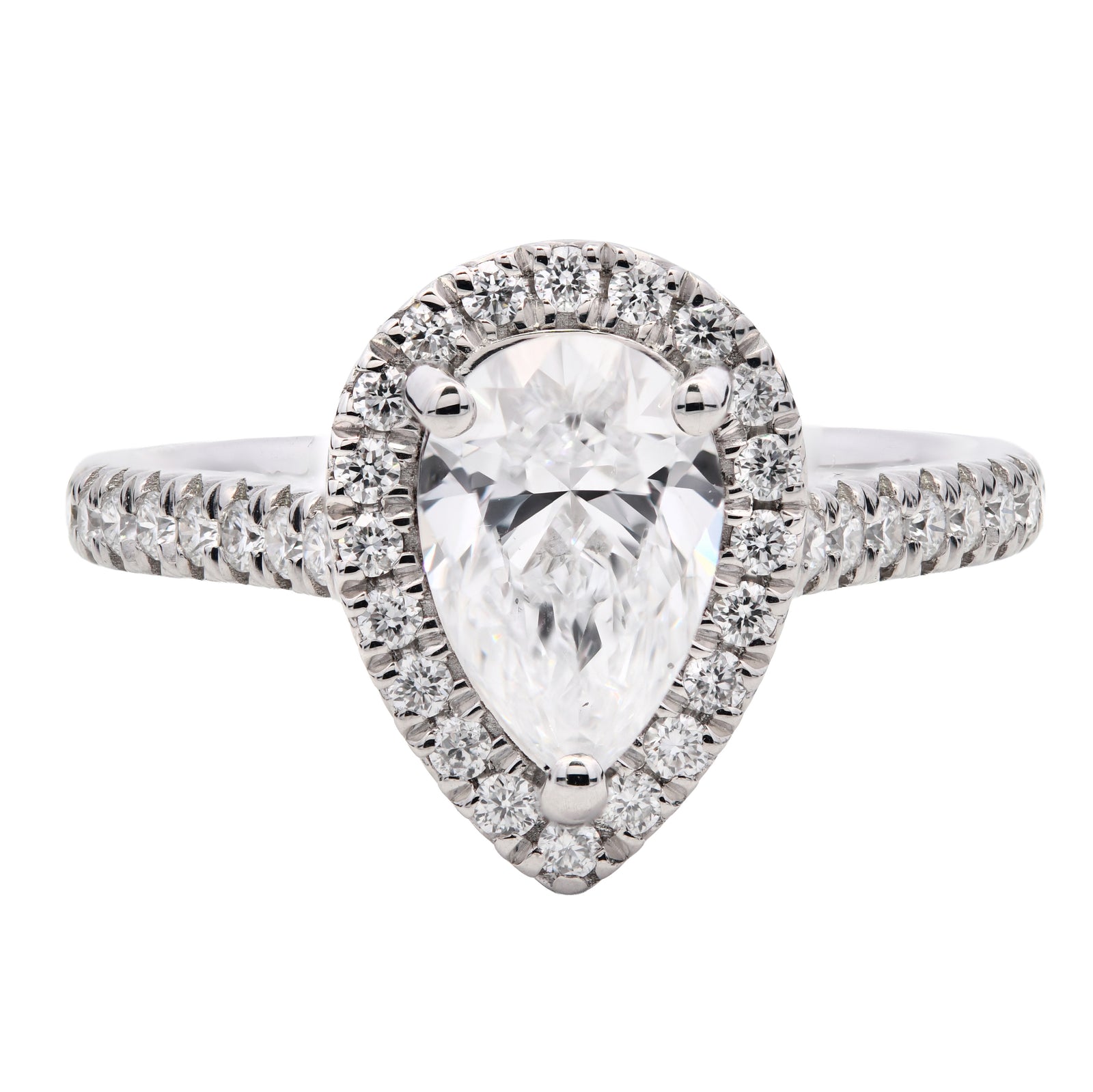 SOLD - 1.35ct natural diamond engagement ring, pear cut, D colour, VS2 clarity, GIA certified. Platinum