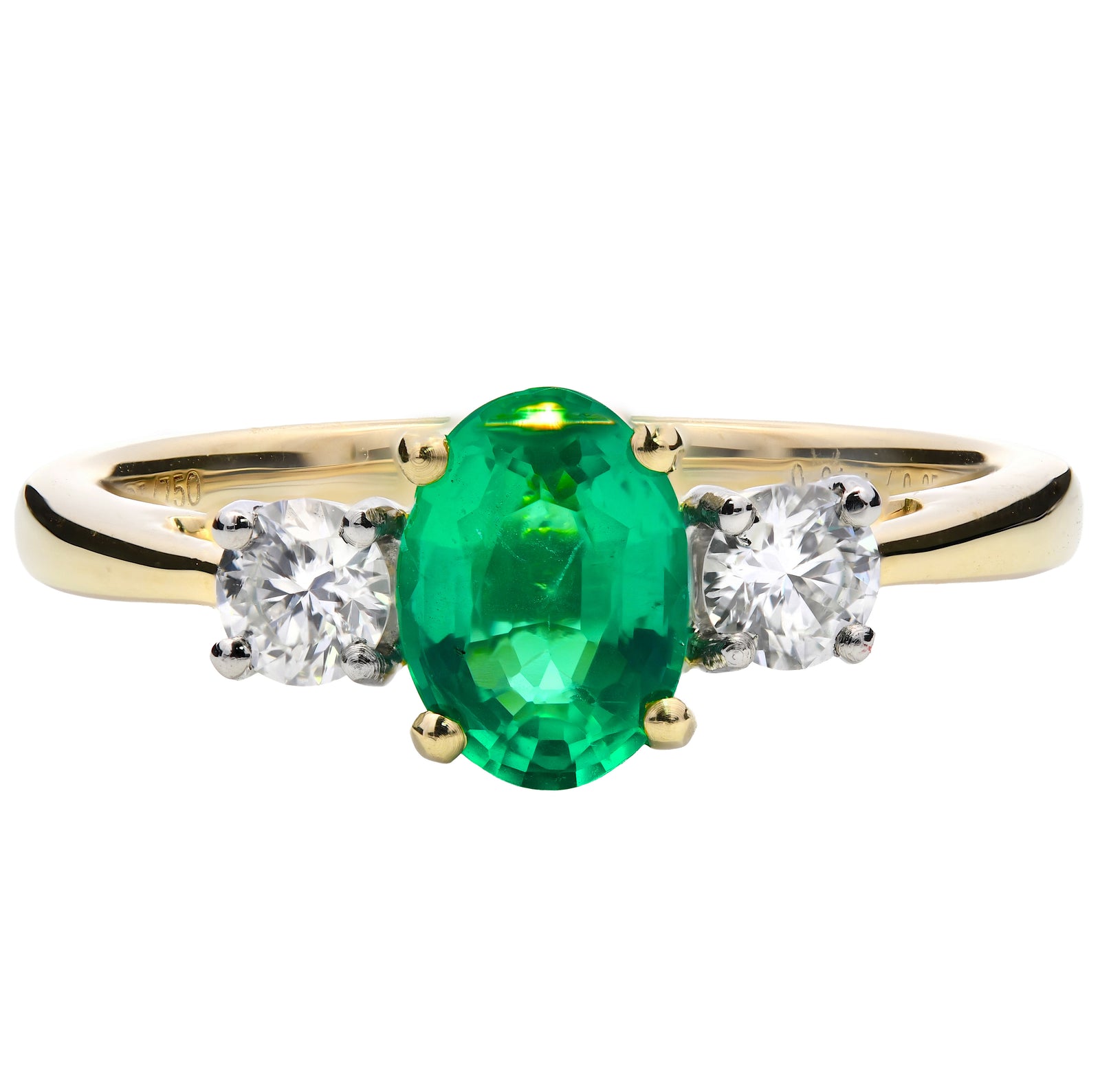 0.89ct Natural Zambian emerald & diamond engagement ring, oval cut, GIA certified. 18ct Yellow Gold & Platinum.