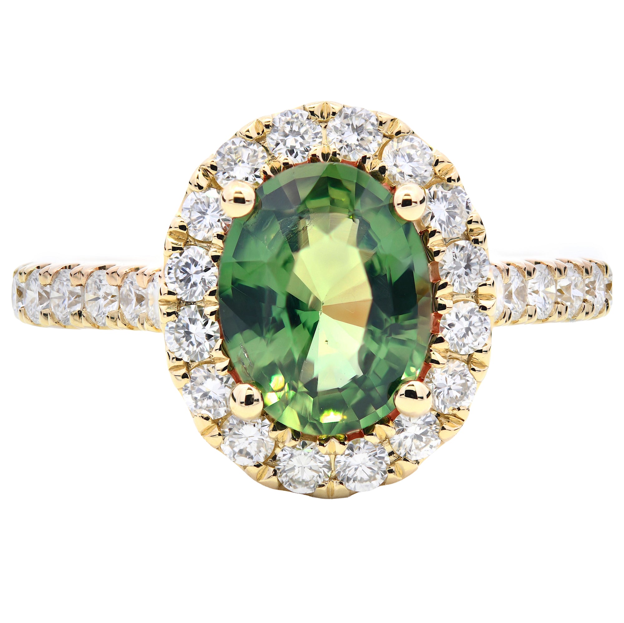 2.08ct green sapphire & natural diamond ring set in 18ct yellow gold. WGI certified