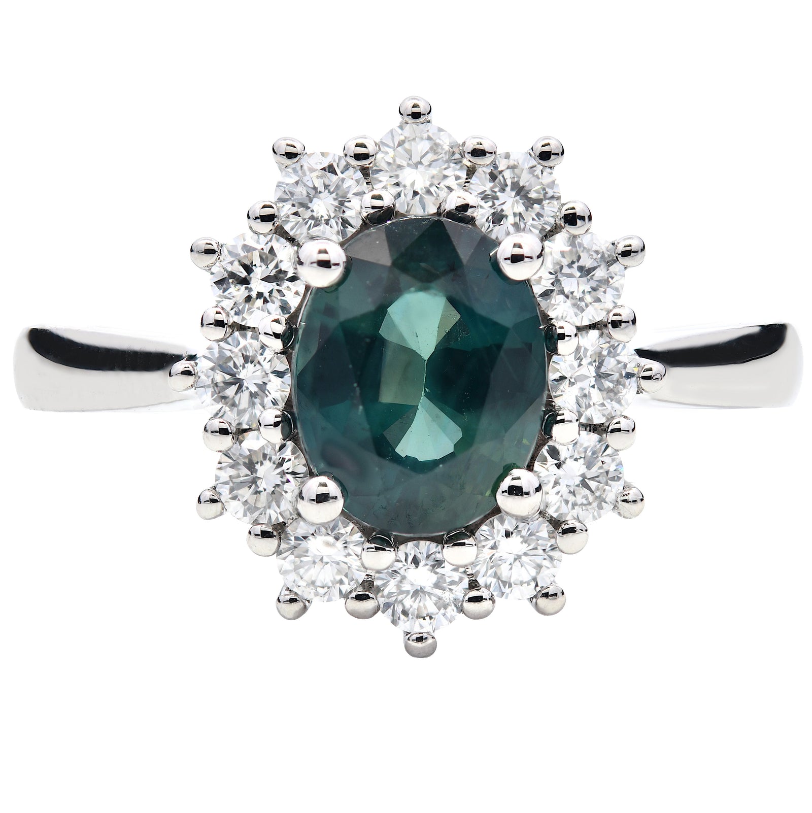 SOLD - 2.04ct teal sapphire & diamond engagement ring set in a platinum halo. WGI certified