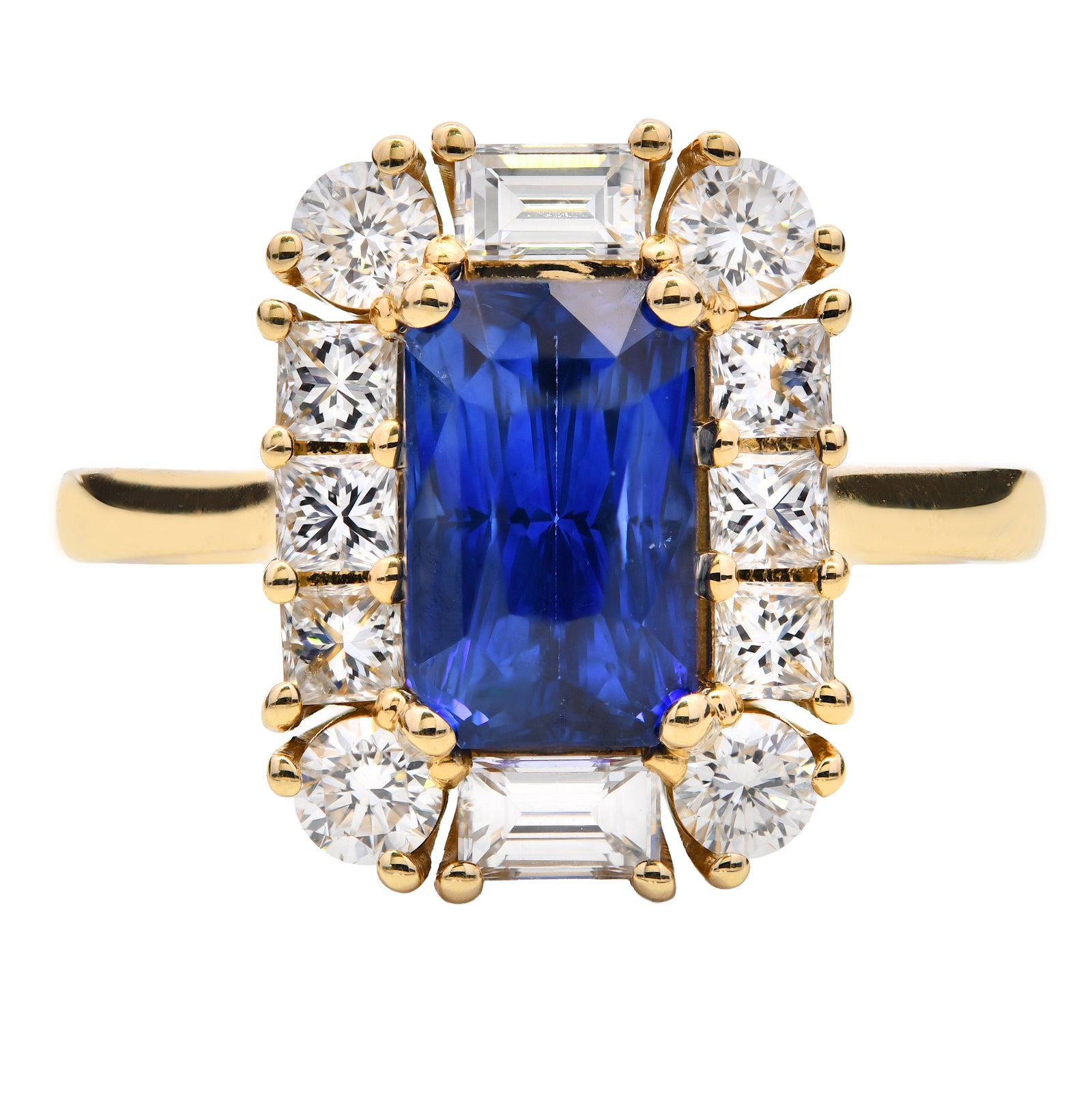 3.49ct blue sapphire & natural diamond ring, radiant cut, 18ct yellow gold. WGI certified