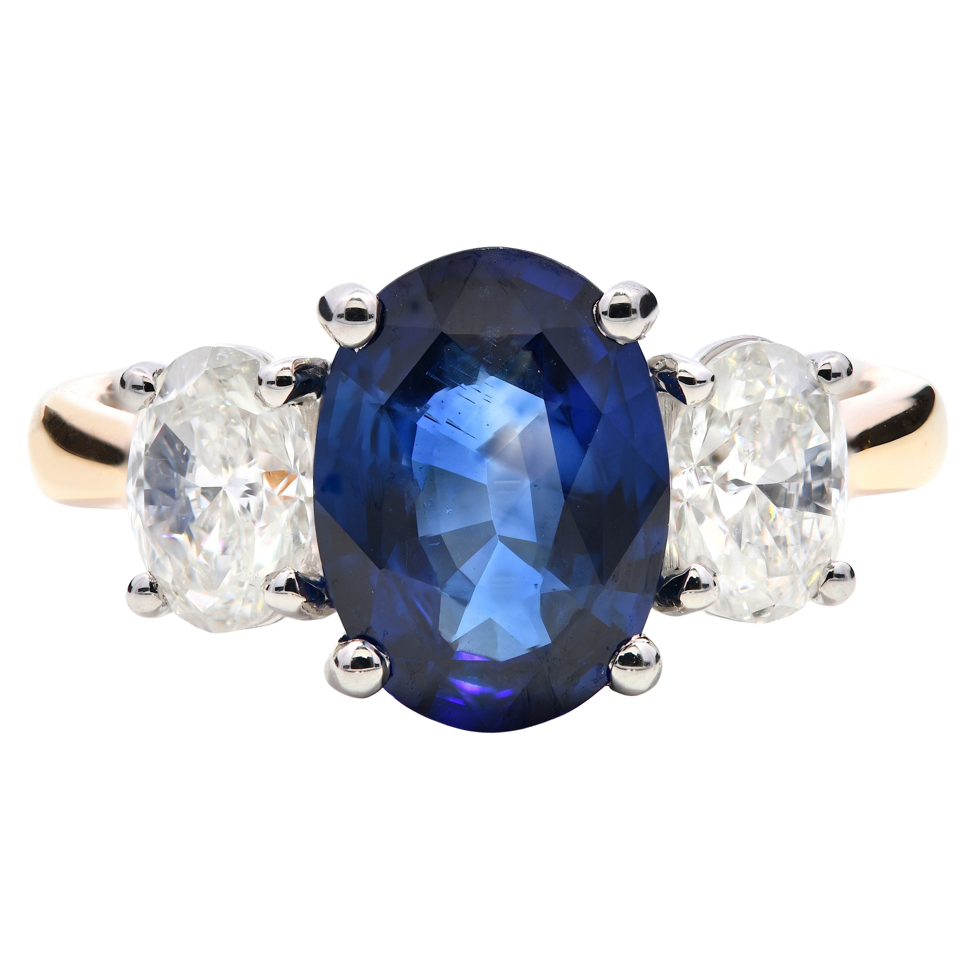 2.94ct blue sapphire & natural diamond trilogy ring, oval cut, 18ct yellow gold & platinum. WGI certified