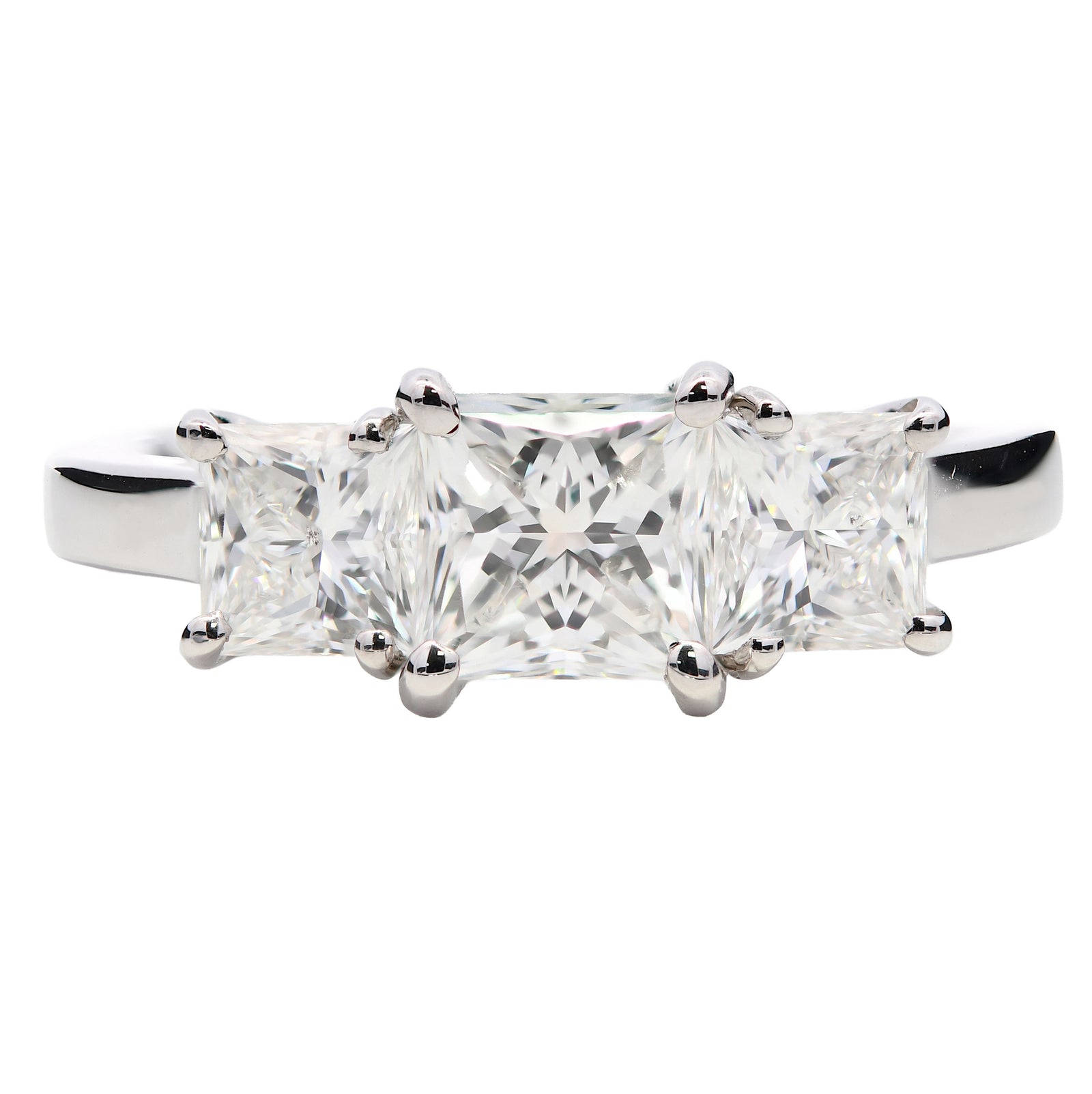 SOLD - 2.07ct natural diamond trilogy engagement ring, princess cut, G colour, SI1 clarity, 18kt white gold, GIA certified.