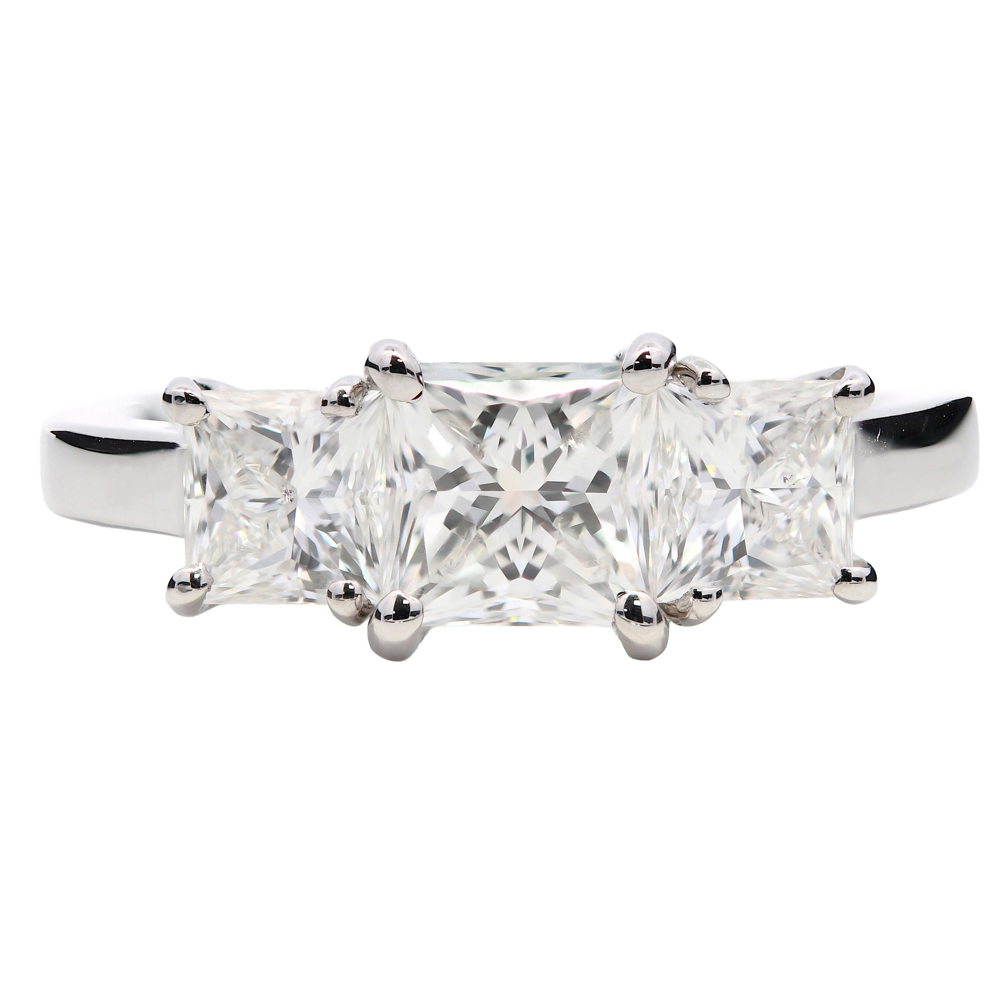 2.07ct natural diamond trilogy engagement ring, princess cut, G colour, SI1 clarity, 18kt white gold, GIA certified.