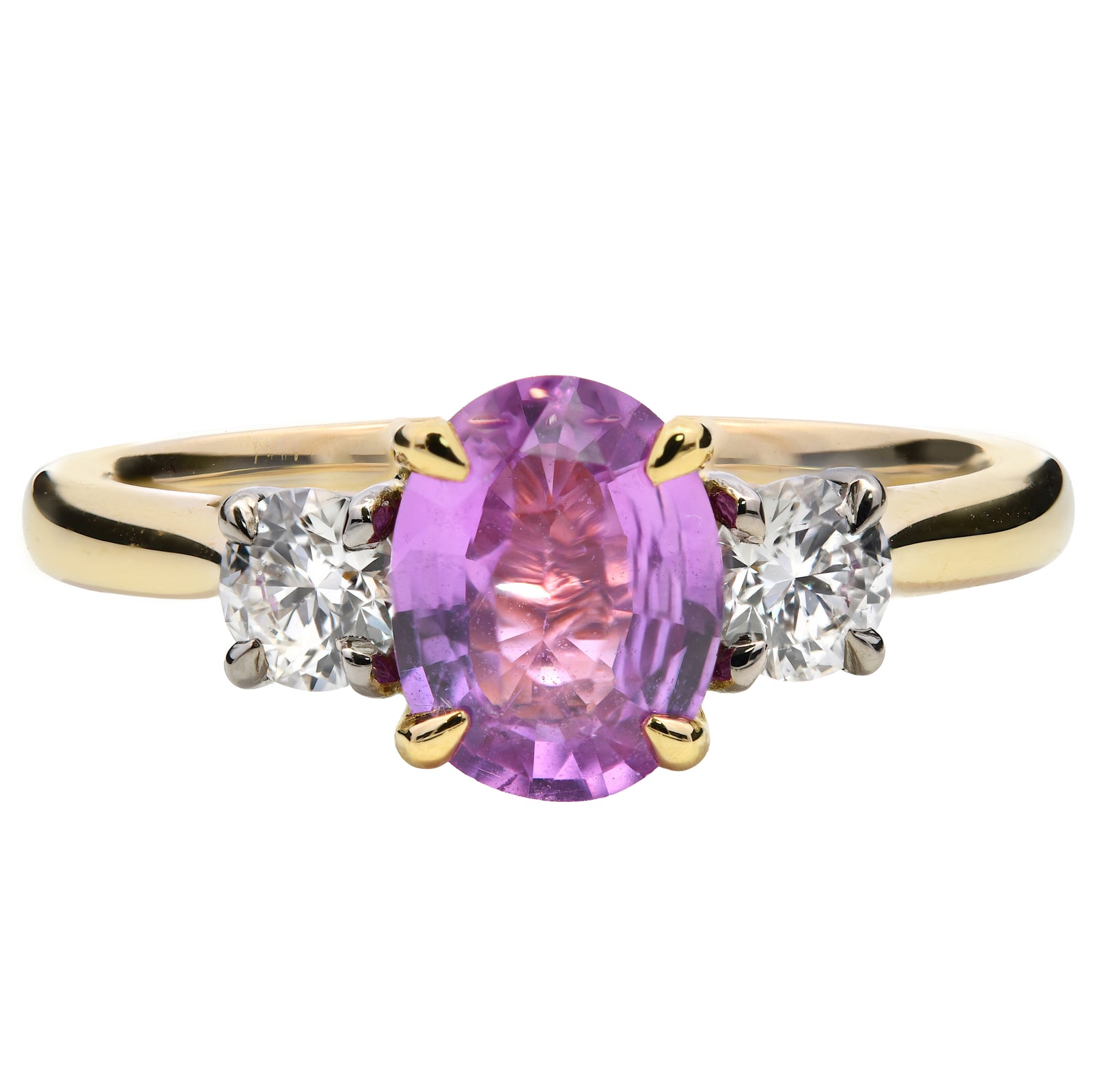 SOLD - 1.49ct pink sapphire & natural diamond trilogy ring, oval cut, 18ct yellow gold. WGI certified