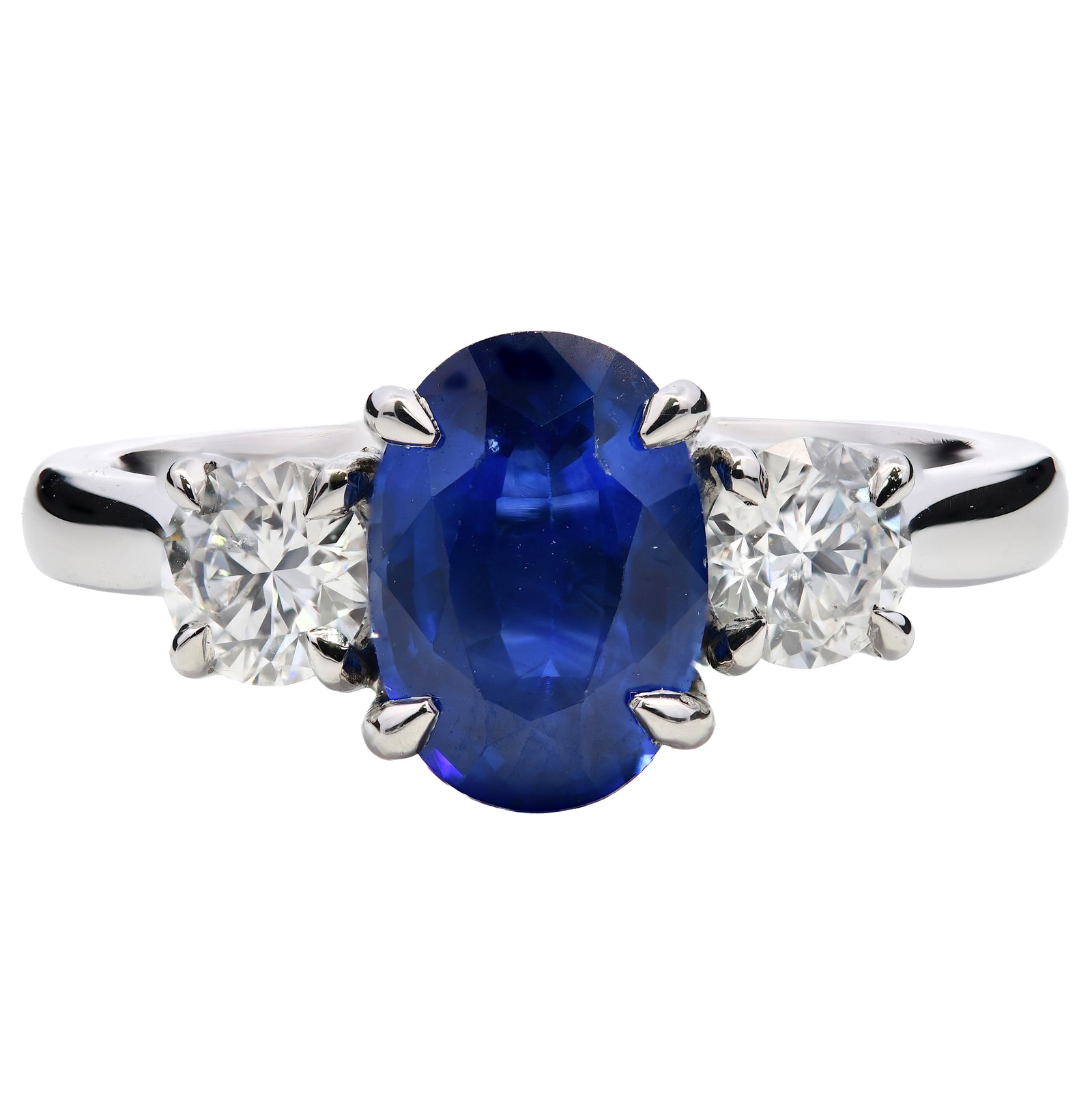 2.76ct blue sapphire & natural diamond trilogy ring, oval cut, platinum. WGI certified