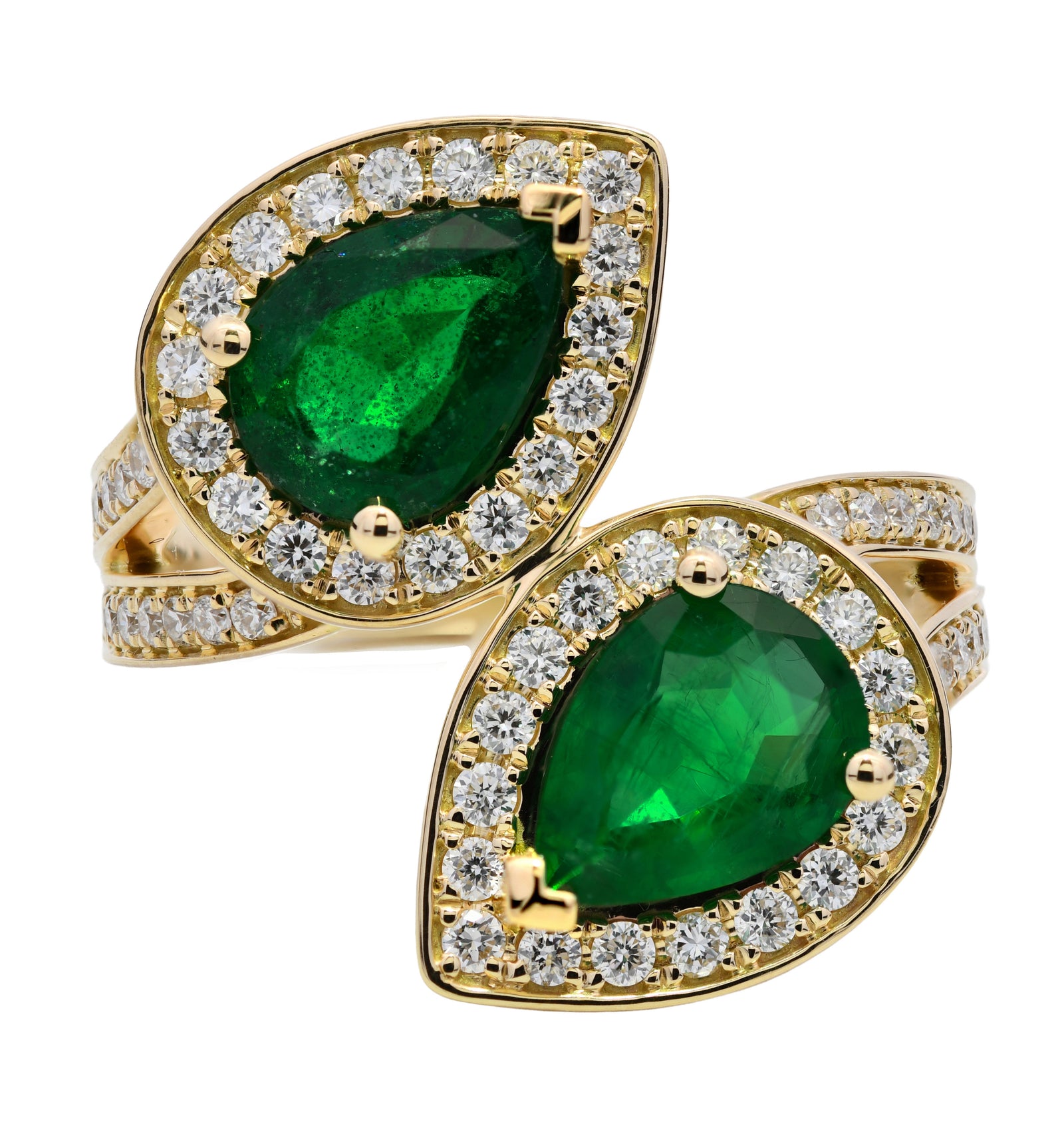 2.49ct emerald & diamond cross over ring, pear cut, set in 18ct yellow gold. WGI certified