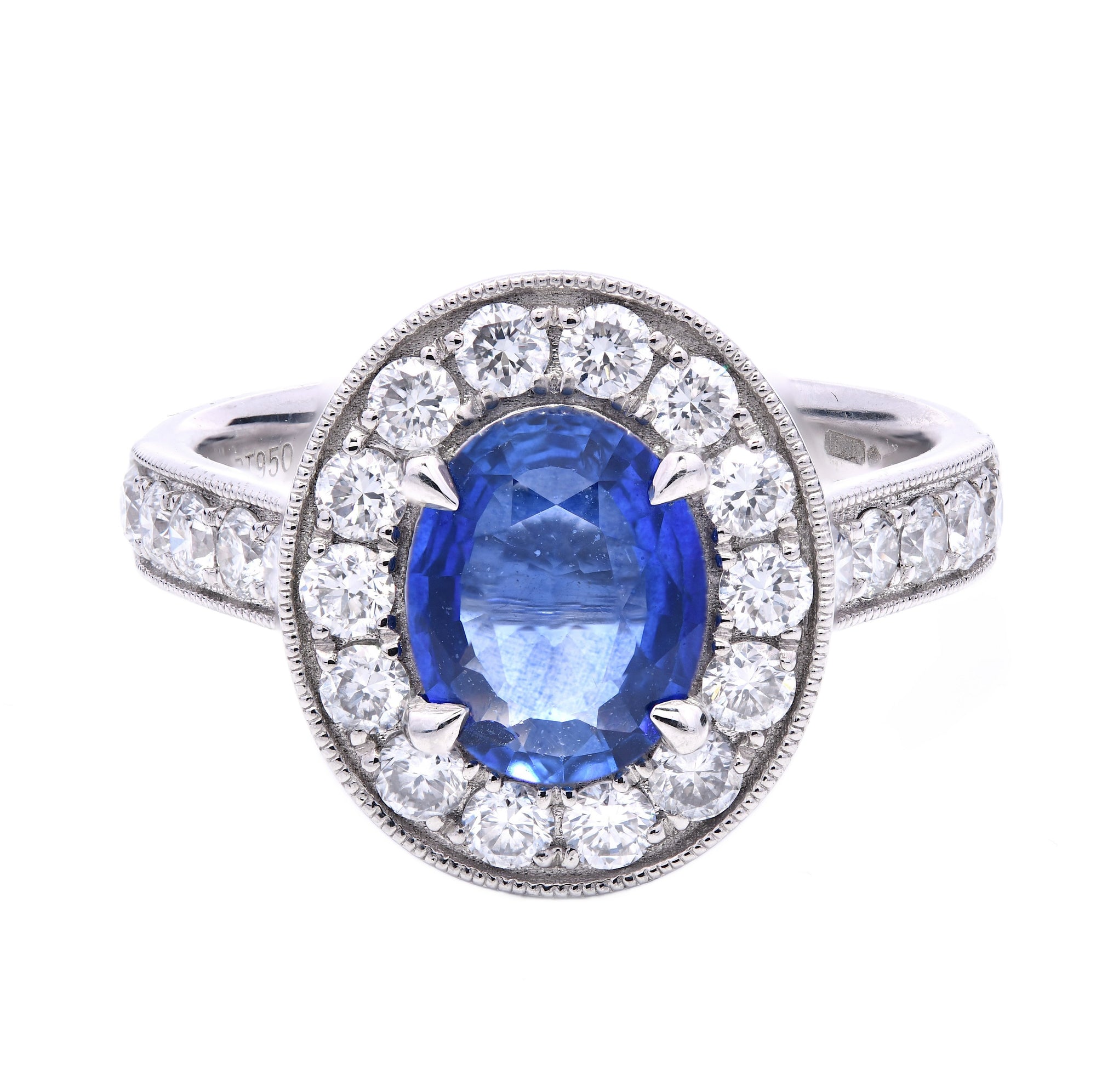 1.97ct blue sapphire & diamond engagement ring set in a platinum halo