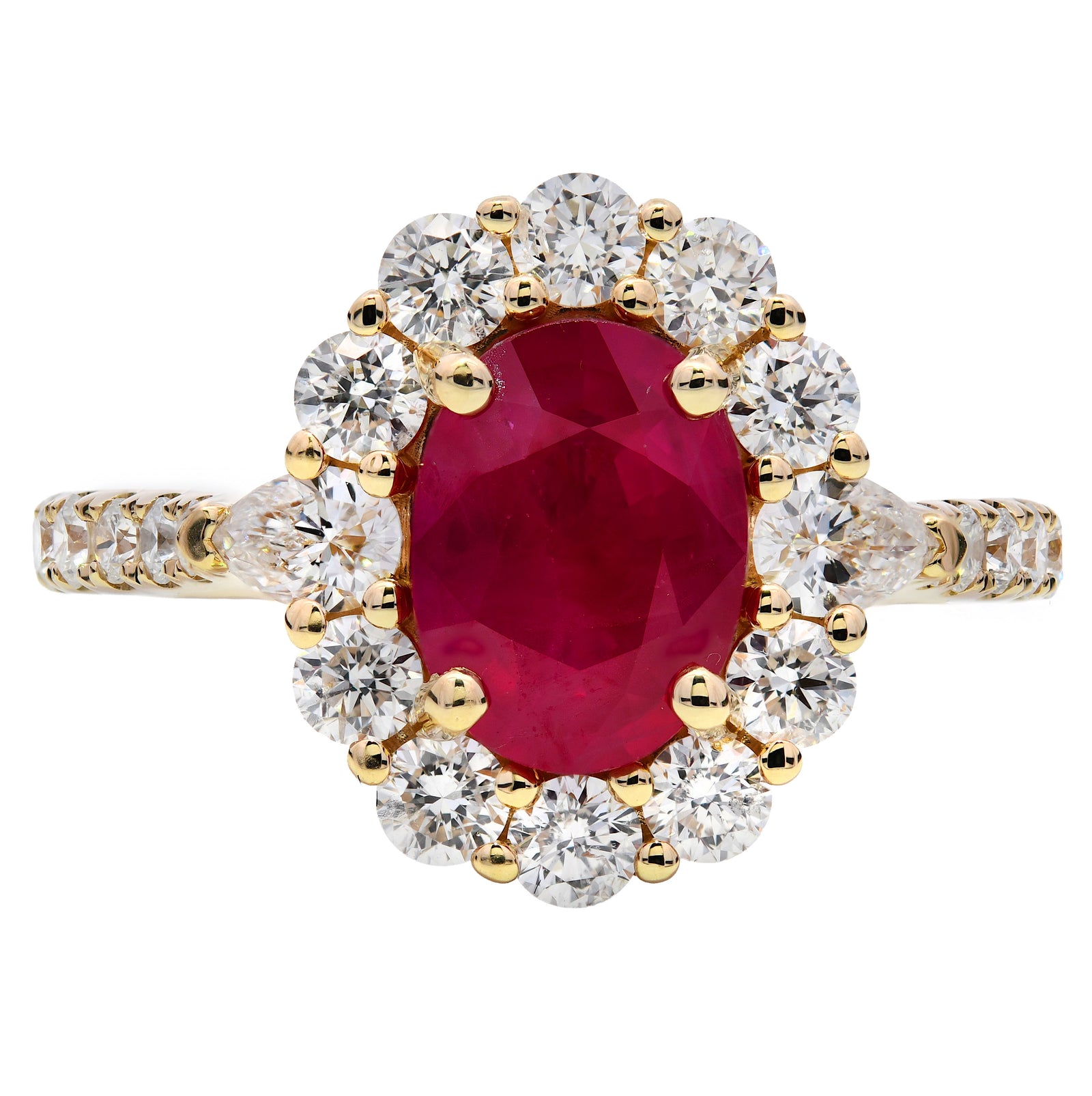 2.40ct ruby & diamond engagement ring set in 18ct yellow gold. WGI certified