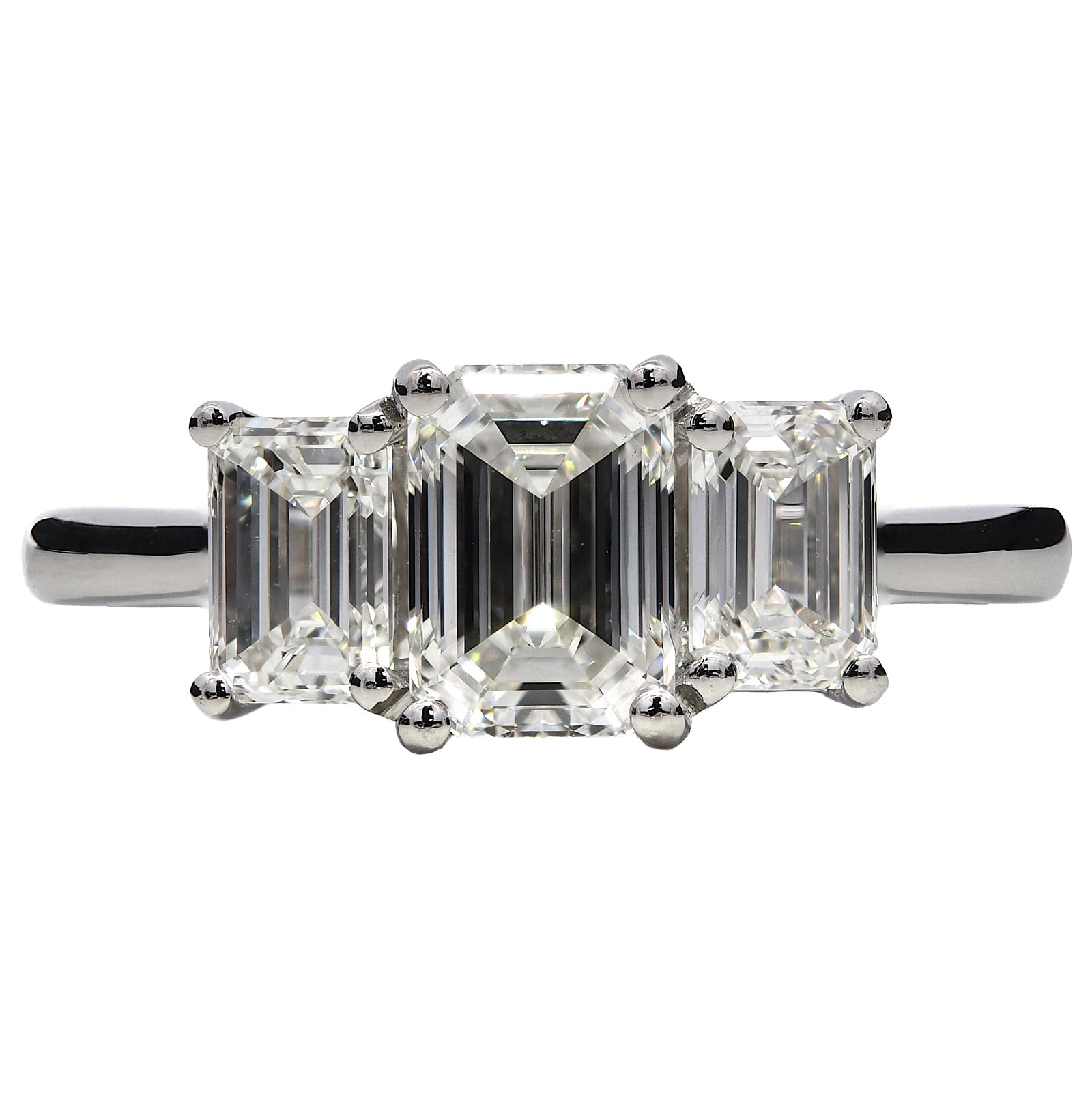 1.70ct natural diamond trilogy engagement ring, emerald cut, G colour, VS clarity, GIA certified. Platinum