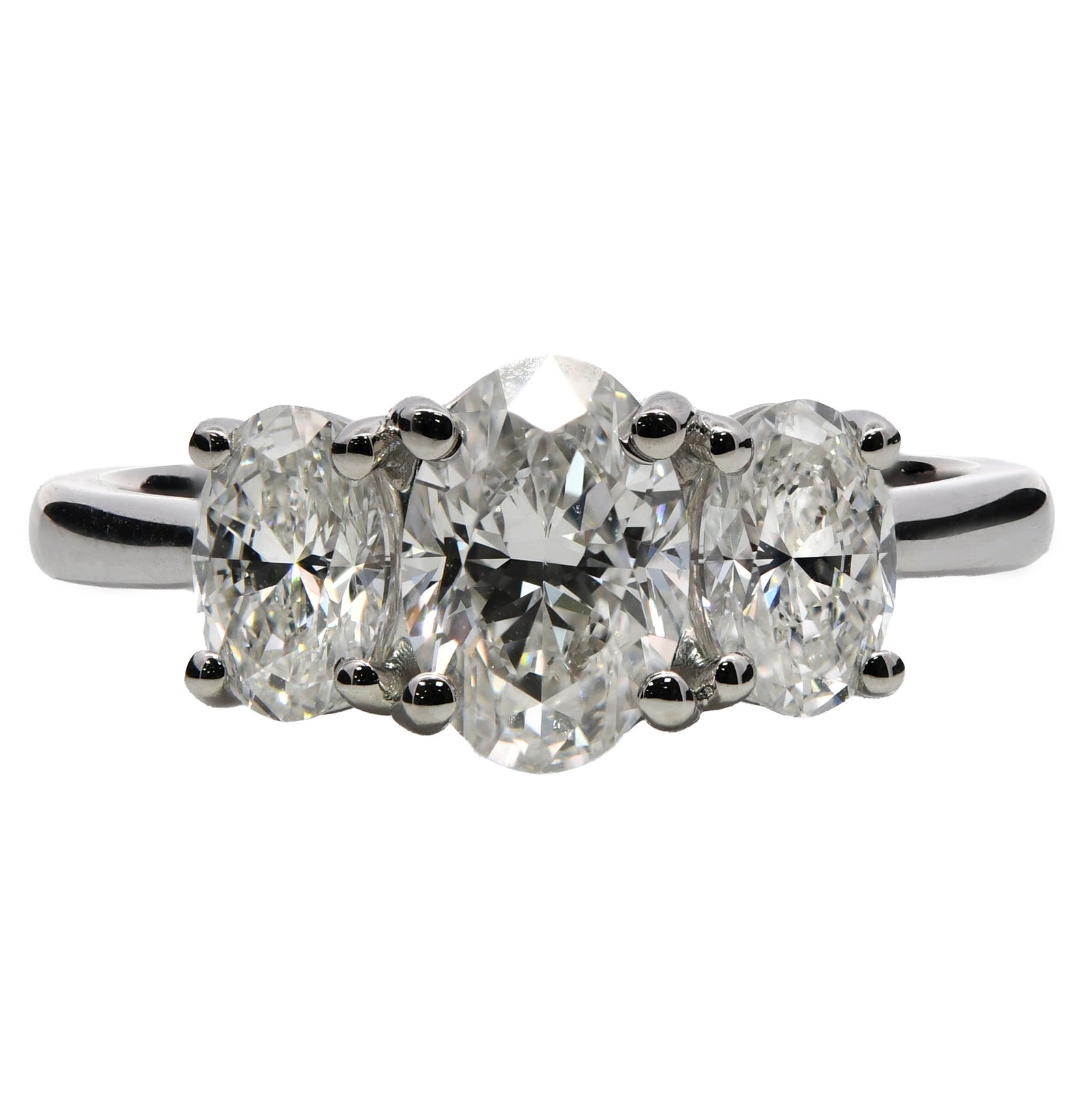 1.71ct natural diamond trilogy engagement ring, oval cut, D-E colour, SI1 clarity, GIA certified. Platinum