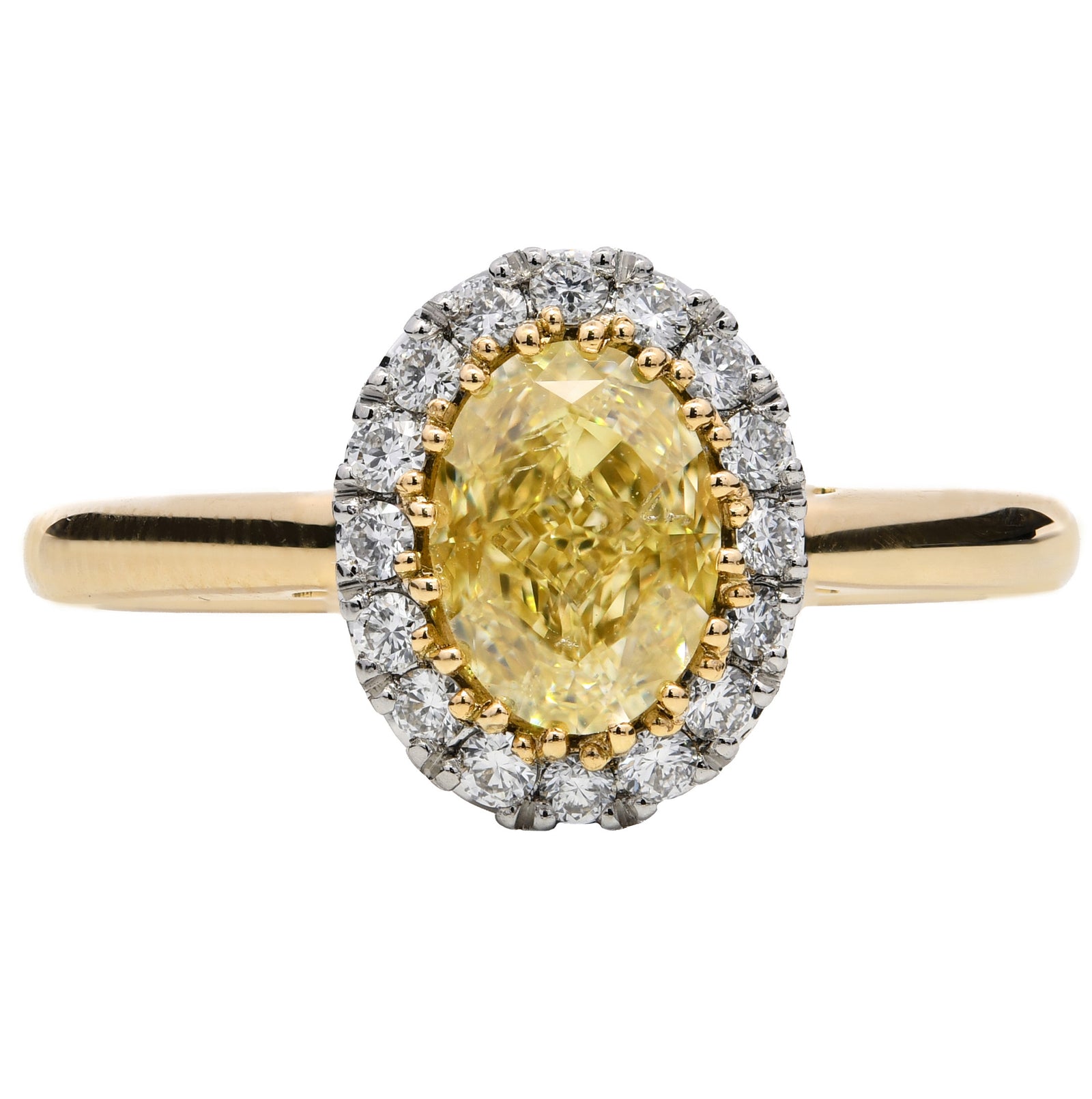 1.17ct natural fancy yellow diamond engagement ring, oval cut, SI2 clarity, GIA certified. 18ct Yellow Gold & Platinum
