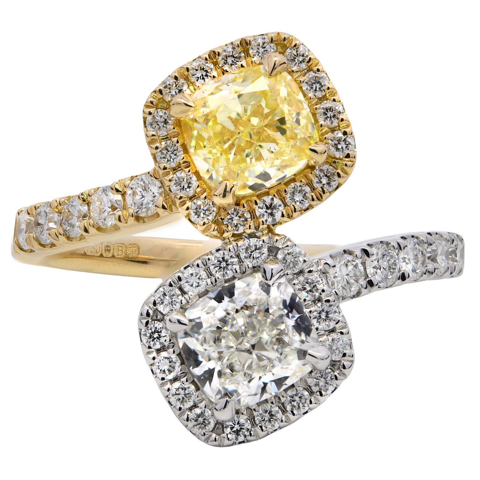 1.76ct natural diamond cross over engagement ring, cushion cut, fancy yellow colour, VS1 clarity, GIA certified. 18ct Yellow Gold & Platinum