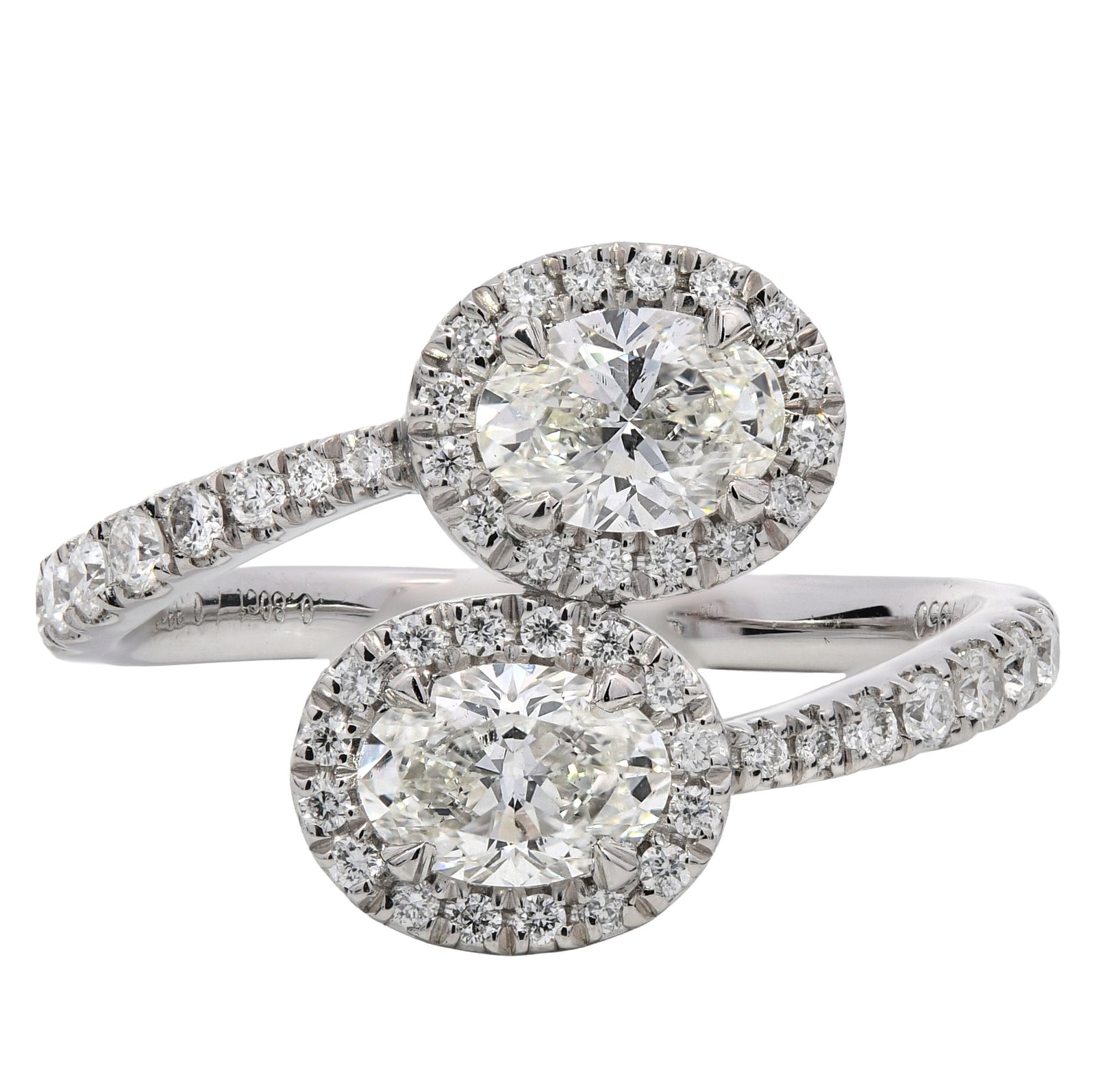 1.13ct natural diamond cross over engagement ring, oval cut, G colour, SI2 clarity, GIA certified. Platinum